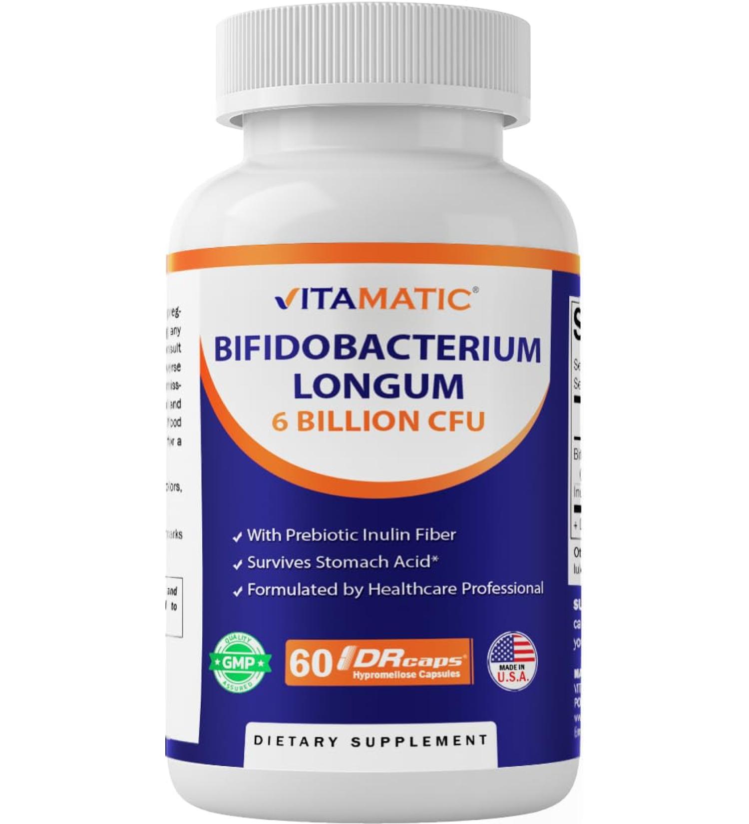 Vitamatic Bifidobacterium Longum 6 Billion CFU per DR Capsule - 60 Count - Promotes Intestinal Health - Made with Prebiotic Inulin Fiber 60 Count (Pack of 1) - Buy Online on GoSupps.com