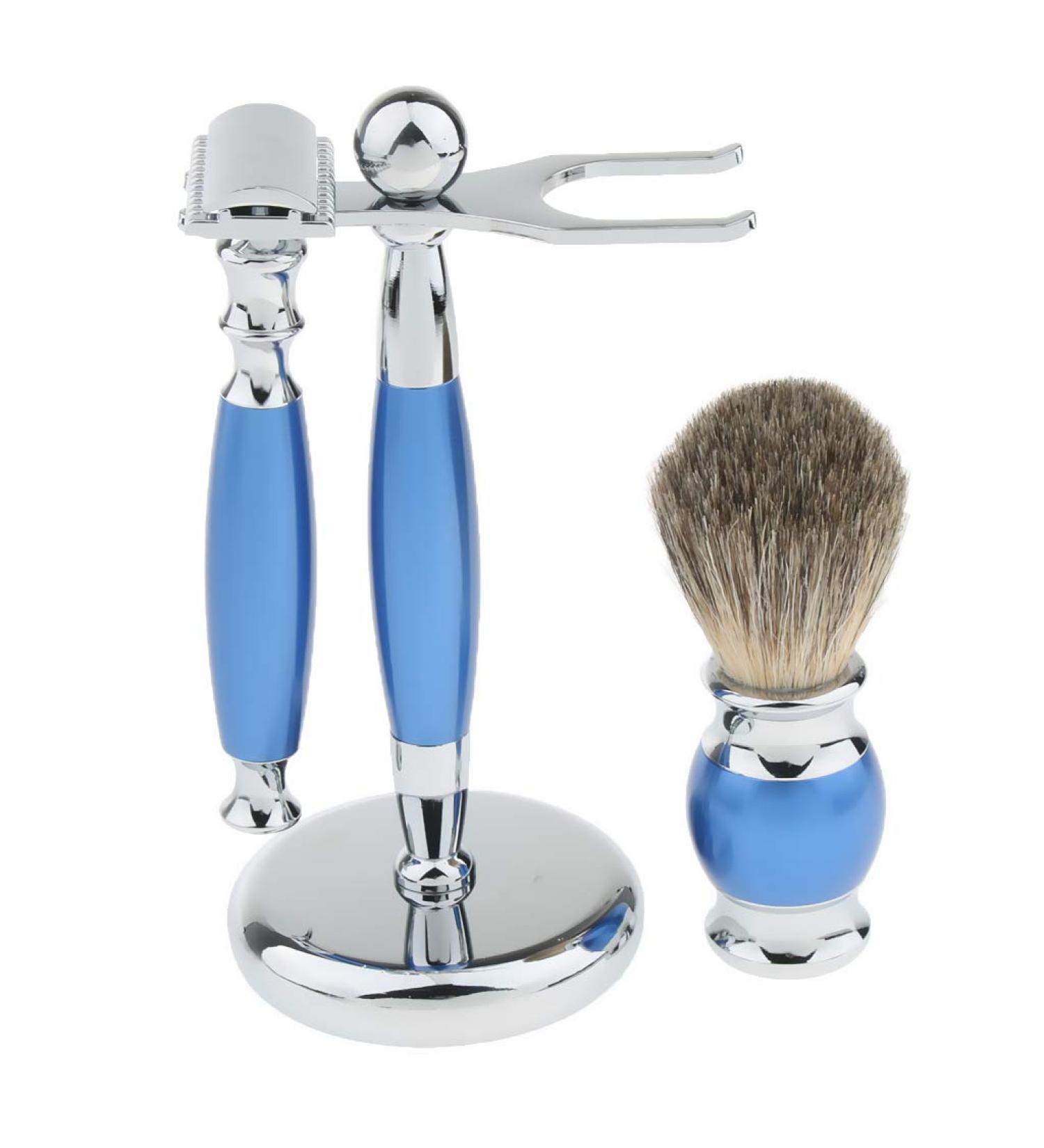 Luxury Blue Shaving Set - Safety Razor Brush & Alloy Stand | Premium Grooming for Men - Buy Online on GoSupps.com