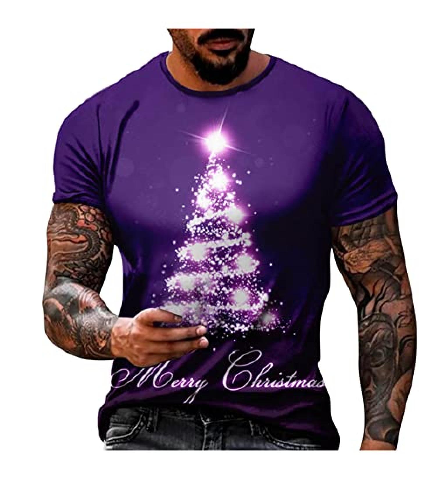 MEKOUIYE Men's Ugly Christmas Shirt - Crew Neck Short Sleeve Xmas Santa Tree Print - Funny Xmas Party Tee - B-Purple, Large - Buy Online on GoSupps.com