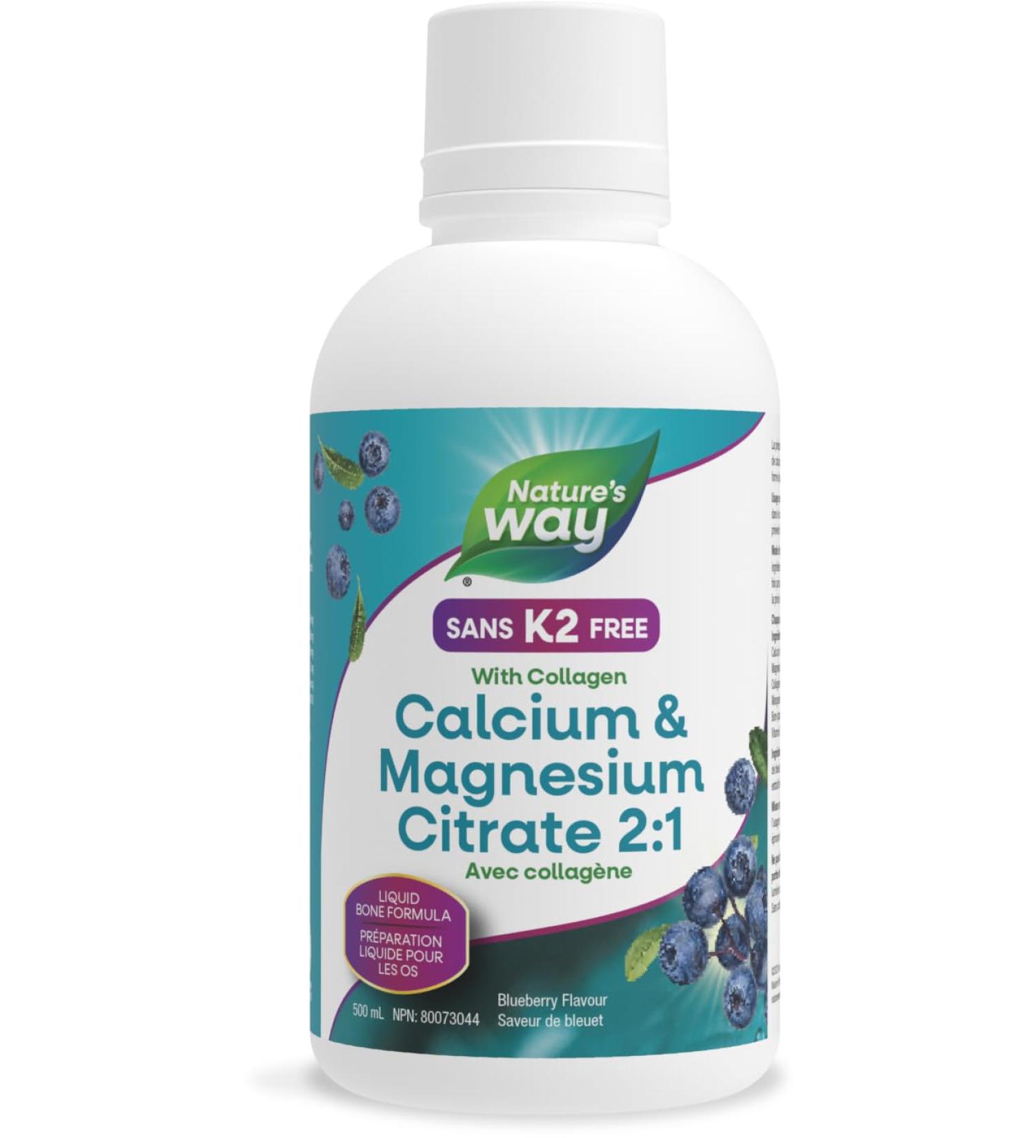 Nature's Way Calcium and Magnesium Citrate 2:1 - Liquid Supplement with Vitamin D3 and Collagen Helps Support the Maintenance of Bones and Teeth No Vitamin K2 - Blueberry Flavour 500 mL - Buy Online on GoSupps.com