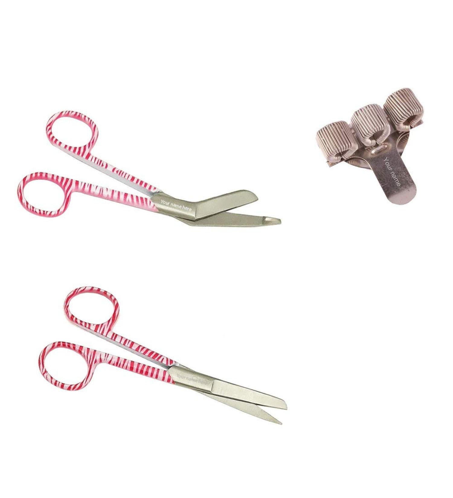 Nursing scissors set and pen holder with engraving for nurse (zebra pink)