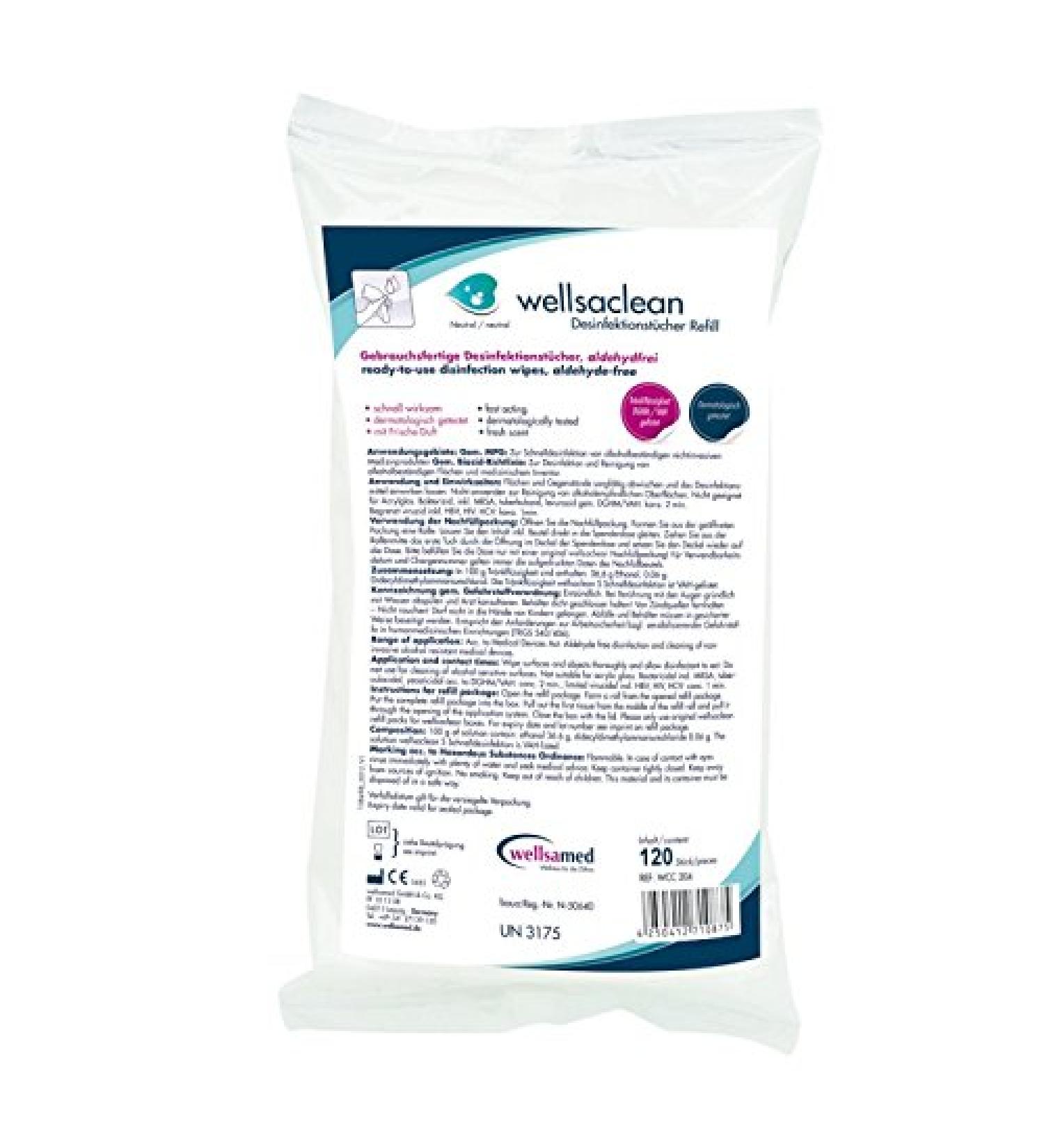 Wellsaclean disinfectant wipes refill bag 120 pcs. Quick disinfection wipes refill fragrance neutral
