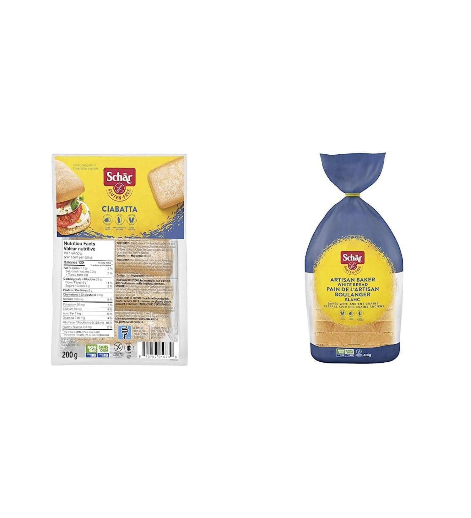 Schar Gluten-Free Ciabatta Buns - Non GMO Dairy Free Preservative Free Pack of 4 Rolls x 50g & Artisan Baker White Gluten-Free Bread - Non GMO Preservative Free 400g White Ciabatta Bun+ Bread - Buy Online on GoSupps.com
