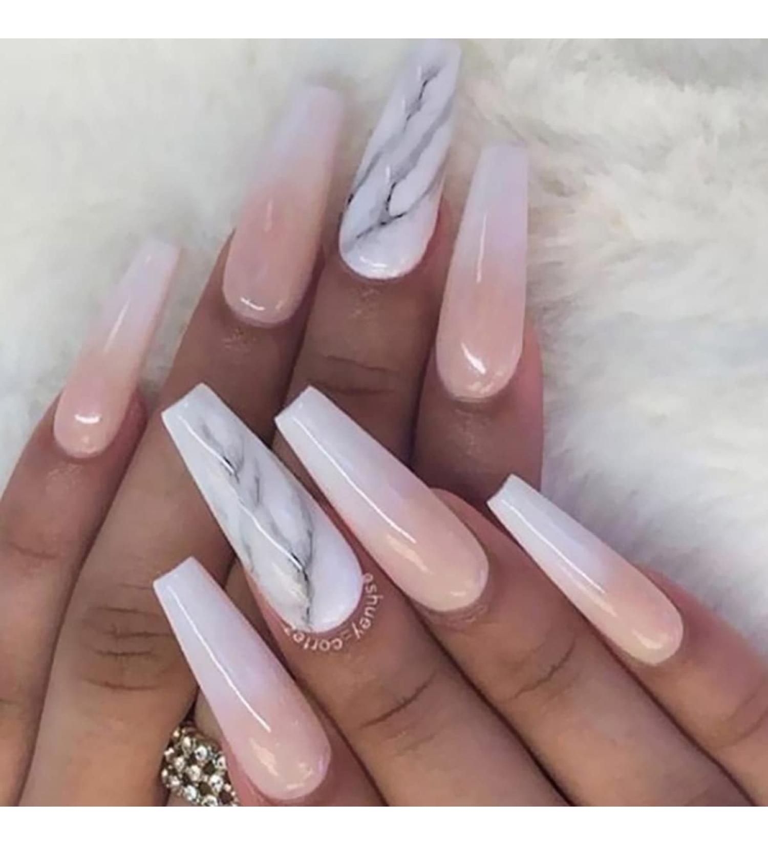 Bufenia Long Ballerina Artificial Fingernails - French Color Gradient Marble Design Shiny Orange Coffin Press-On Nails for Women & Girls 24 Pieces - Buy Online on GoSupps.com