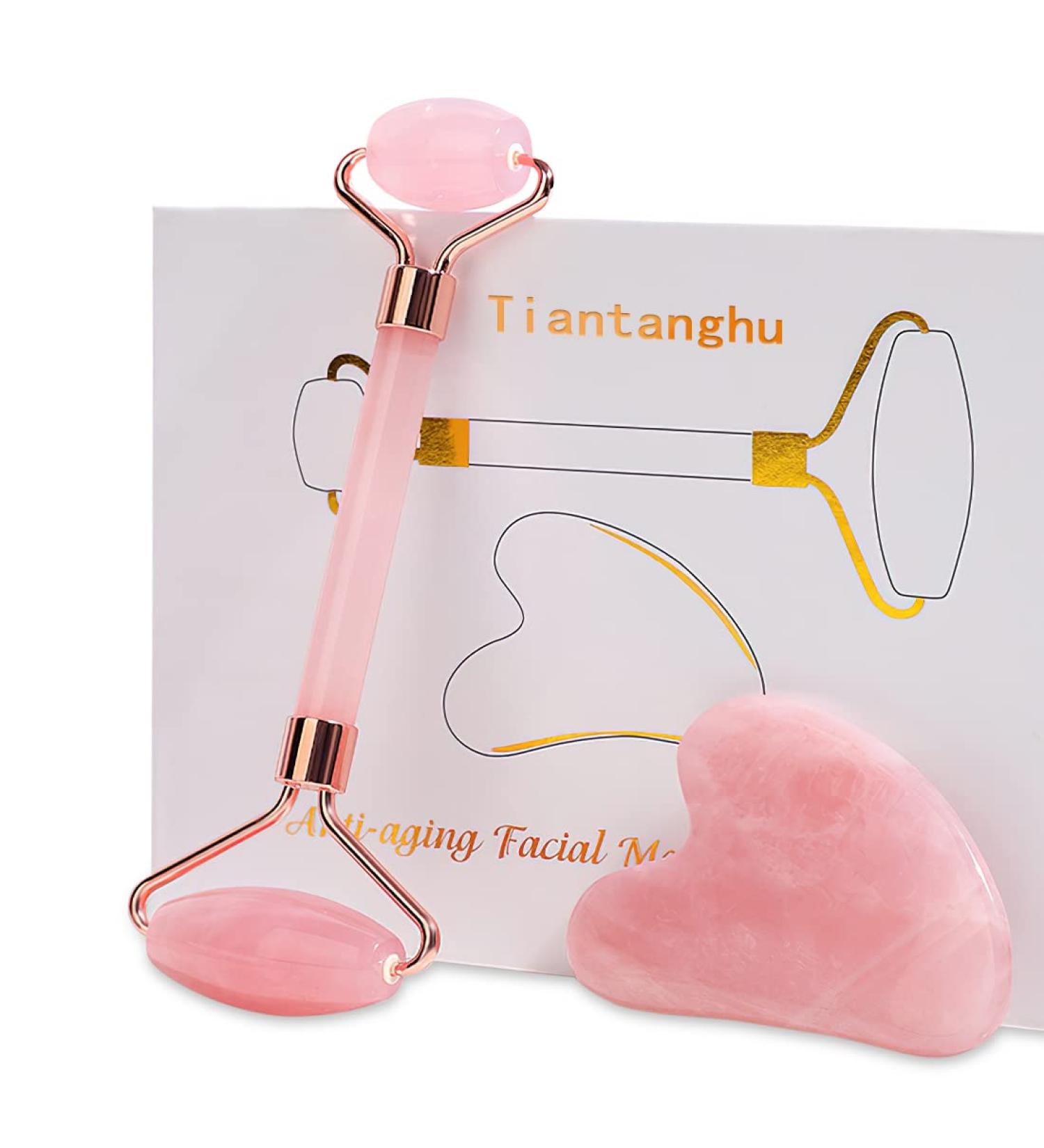 Tiantanghu Rose Quartz Roller and Heart Shape Guasha Massager Set - Facial Skin Care Tools for Body Relaxation (Pink) - Buy Online on GoSupps.com