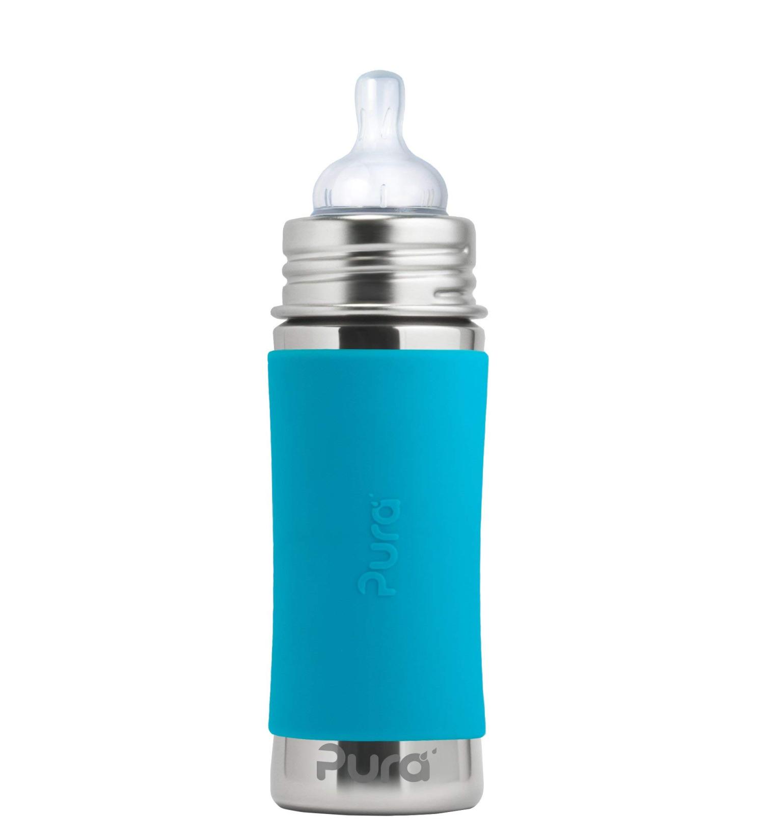 Pura Kiki 11oz/325ml Stainless Steel Infant Bottle with Sleeve - Medium-Flow Nipple - Aqua (3 Months & Up) - Buy Online on GoSupps.com