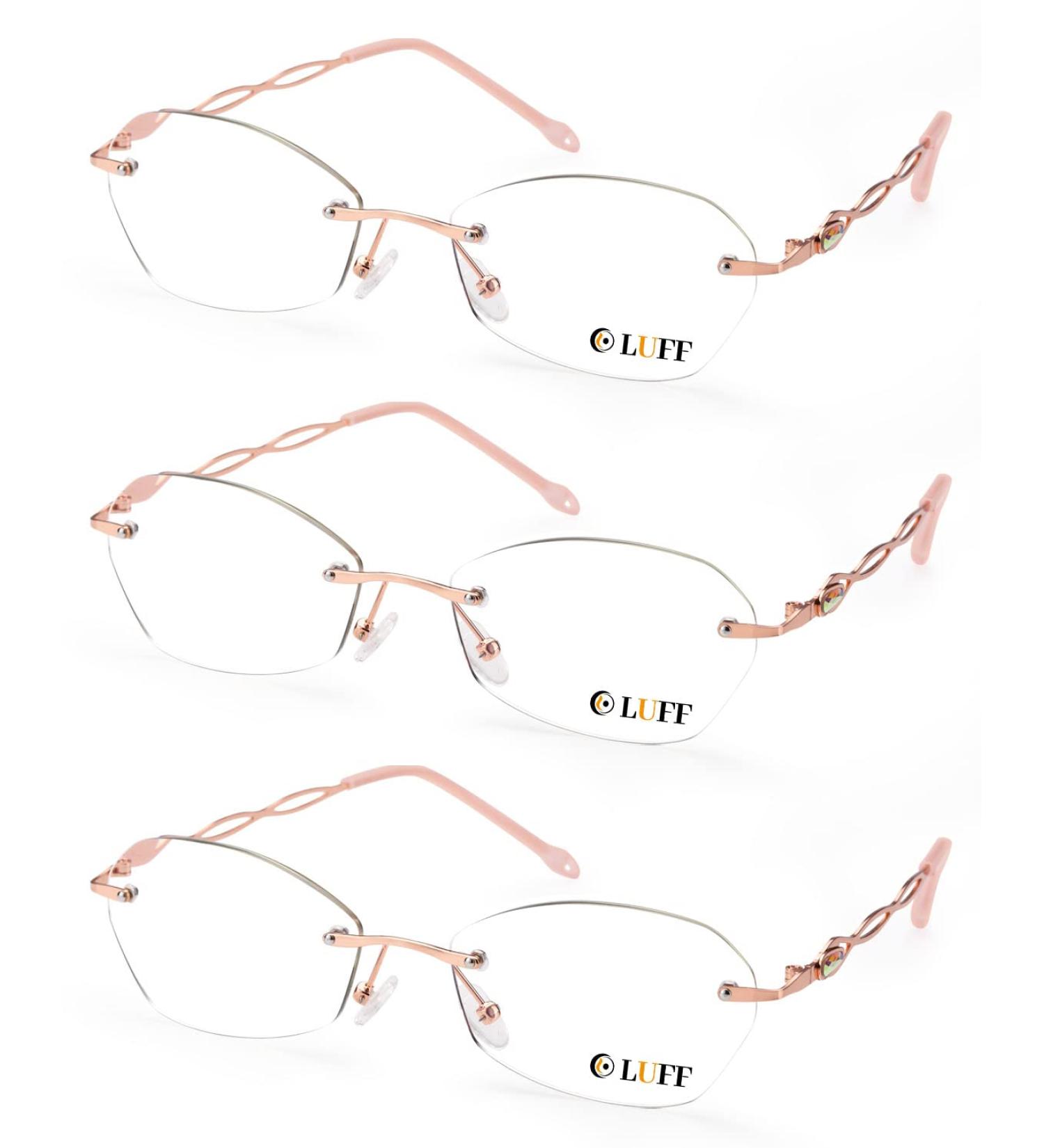 Luff Frameless Reading Glasses for Women & Men Stylish Borderless Metal Blue Light Blocking 1.5x Magnification Anti-Eye Strain 3PC Pink Set - Buy Online on GoSupps.com