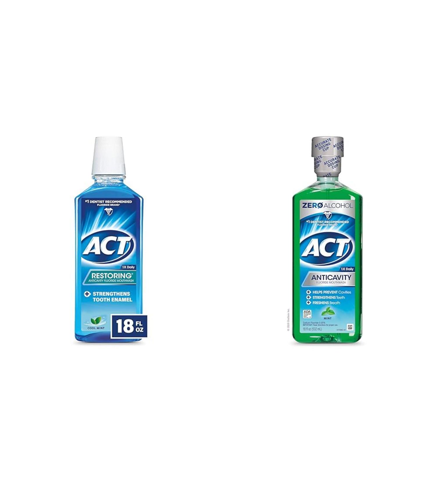 ACT Fluoride Mouthwash Bundle with Restoring 18 fl. oz. Cool Mint and Anticavity 18 fl. oz. Mint Rinses 18 Fl Oz (Pack of 1) Mouthwash + Mouthwash 18 fl. oz. - Buy Online on GoSupps.com