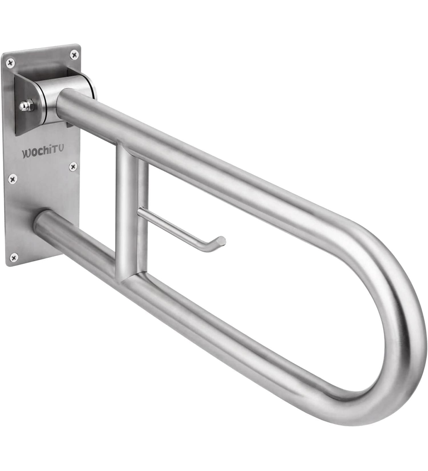 Stainless Toilet Safety Rails & Grab Bars for Elderly & Disabled - WochiTV 23.6 Inch Flip-Up Bathroom Handrails with Paper Holder & Shower Assist Aid - Buy Online on GoSupps.com