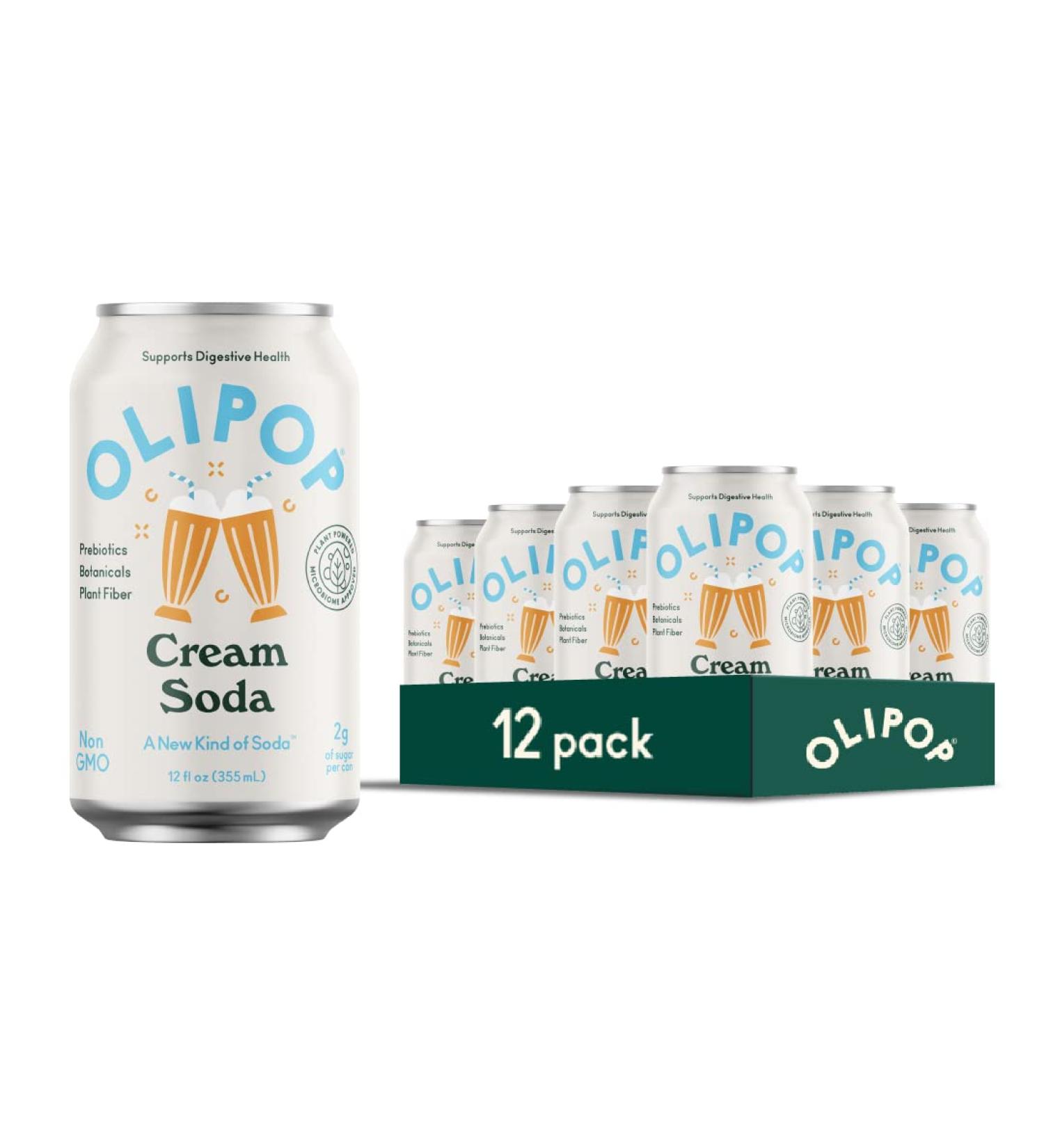 OLIPOP Cream Soda Sparkling Tonic - Prebiotic Soft Drink with 9g Fiber - Botanical-Rich Vegan Soda with 2g Sugar - Caffeine-Free, Low-Calorie (12oz 12-Pack) - Buy Online on GoSupps.com