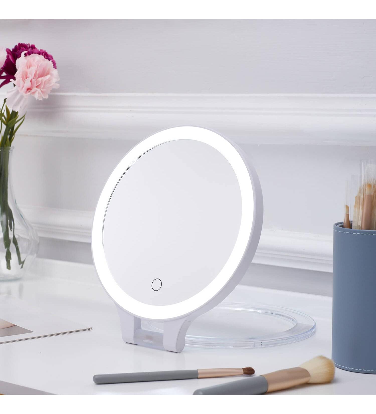 Foldable Double Sided Tabletop Mirror - Rechargeable Lighted Magnifying 10X and 1X Mirror with 3 Colors Light - Adjustable Foldable Handle for Makeup/Travel - 07x08inches - Buy Online on GoSupps.com