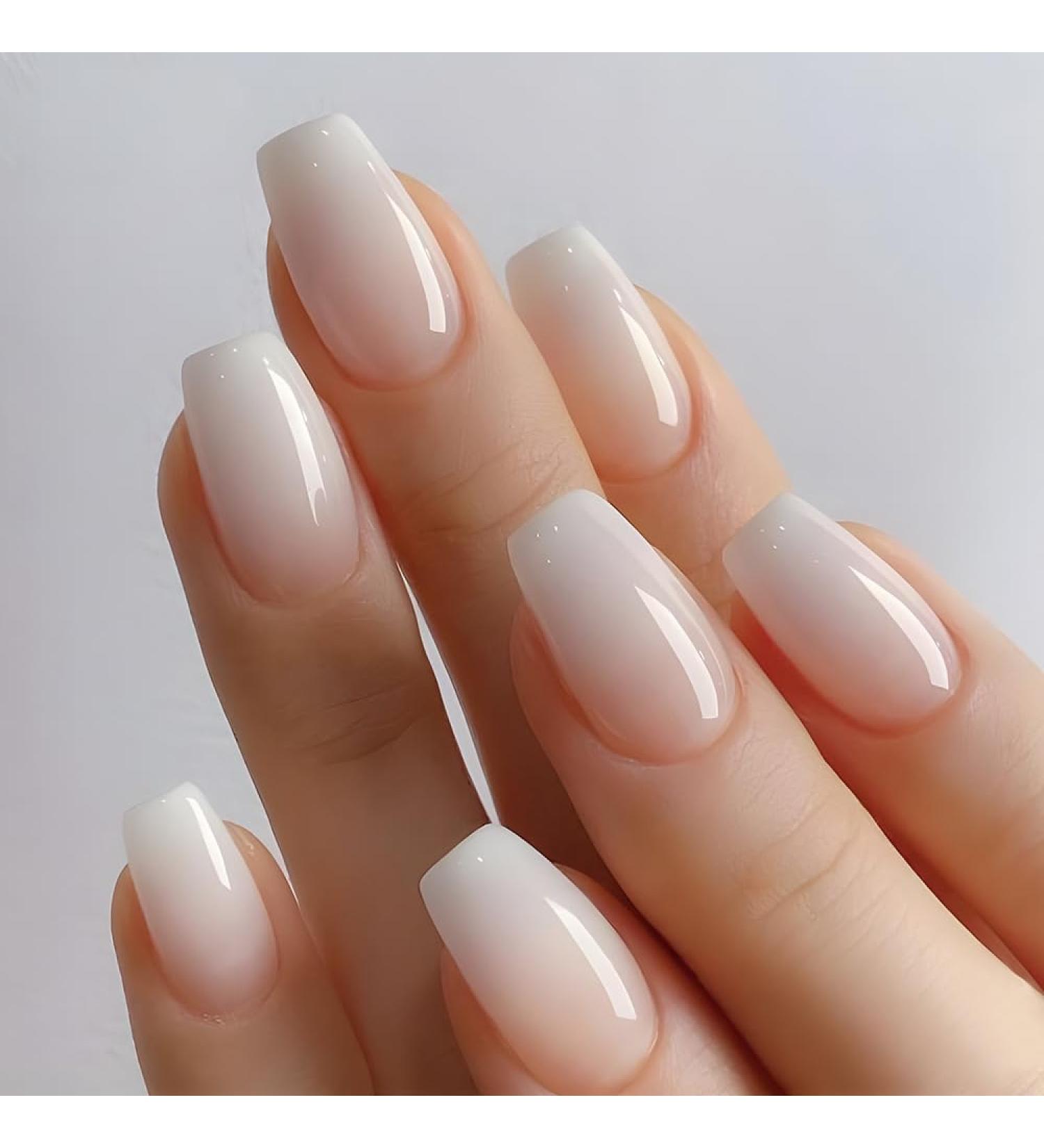 Shop Mouyouglow Short Ballerina Press On Nails - Nude Natural Gradient White Ombre Artificial Nails with Glue | Baby Boomer Style AS4 - Buy Online on GoSupps.com