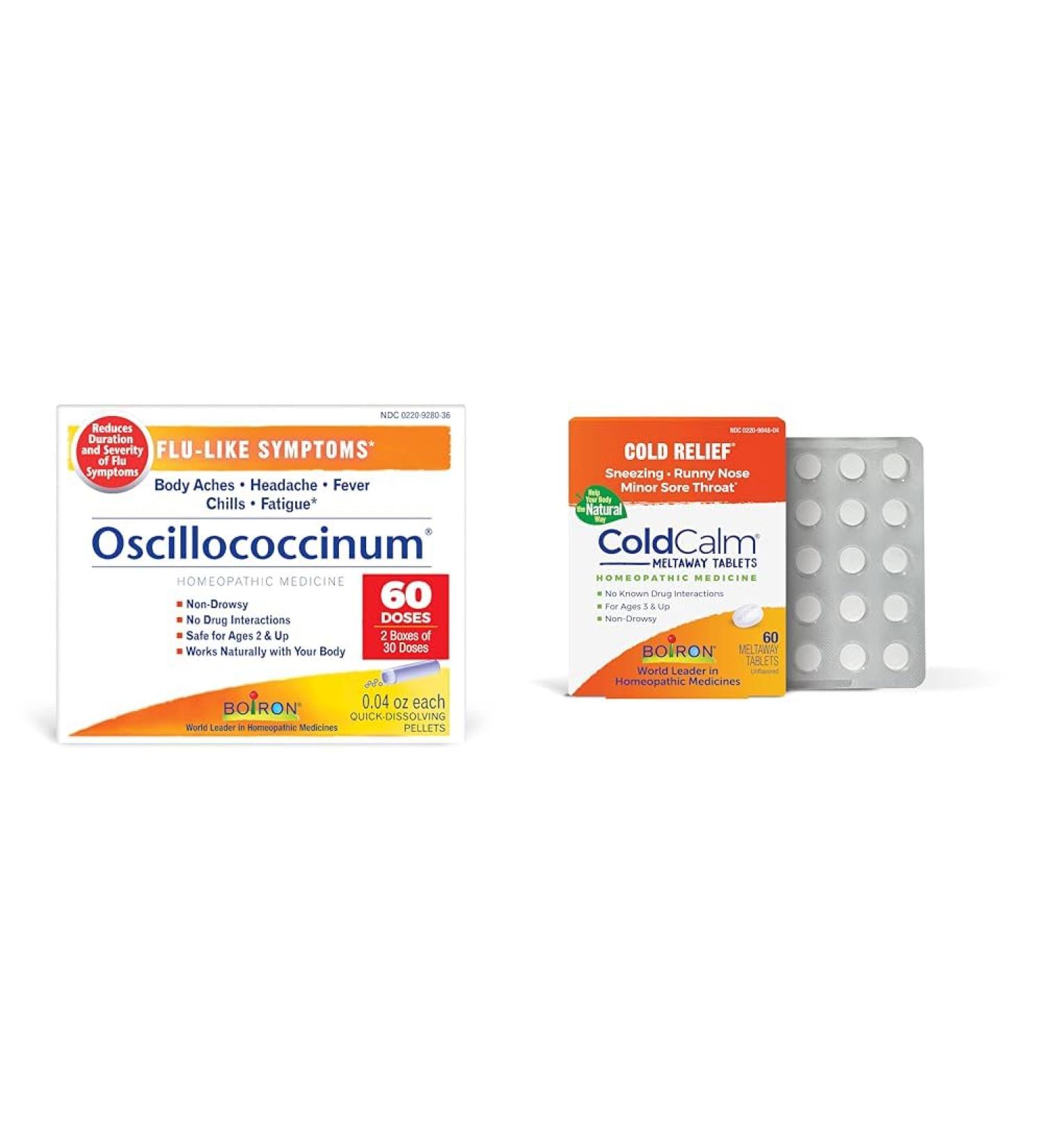 Boiron Oscillococcinum for Relief from Flu-Like Symptoms of Body Aches & ColdCalm Tablets for Relief of Common Cold Symptoms Such as Sneezing 30 Count (Pack of 2) + ColdCalm Tablets 60 Count - Buy Online on GoSupps.com