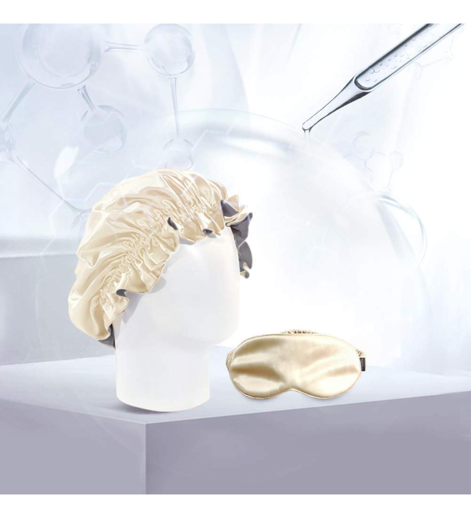 THXSILK Silk Eye Mask and Silk Bonnet Set with HA Blind for Full Night Sleep with Silk Sleep Mask Double Layered Adjustable Sleep Night Caps - Champagne L