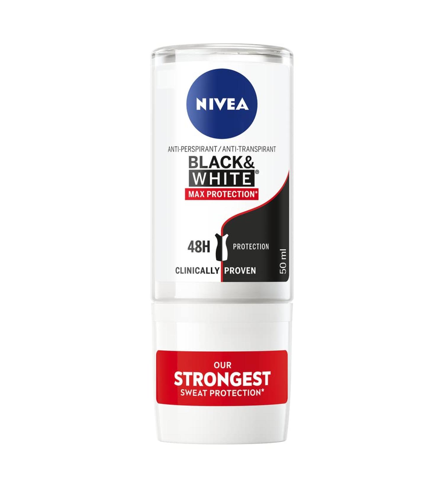 NIVEA Black & White Max Protection (50 ml) Women's Deodorant Roll On Antiperspirant to Reduce White Marks Women's Deodorant Maximum Protection 48h Protection - Buy Online on GoSupps.com