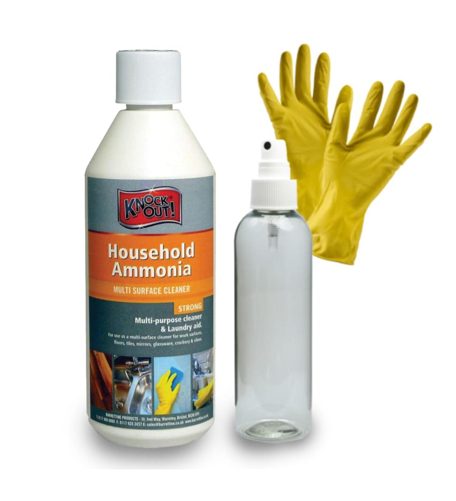 Knock Out Household Ammonia Liquid 500ml For Grease & Stain Removal Multipurpose Cleaning Stain & Odour Remover - With Plastic Spray bottle & Yellow Latex Gloves - Household Ammonia Cleaning Kit - Buy Online on GoSupps.com