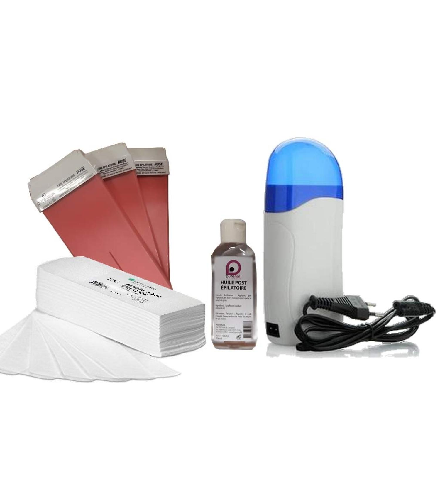 Hair Removal Kit with Warm Wax Device & Aftercare Oil - 3 Pink Cartridges & 100 Strips - International Shipping Available - Buy Online on GoSupps.com