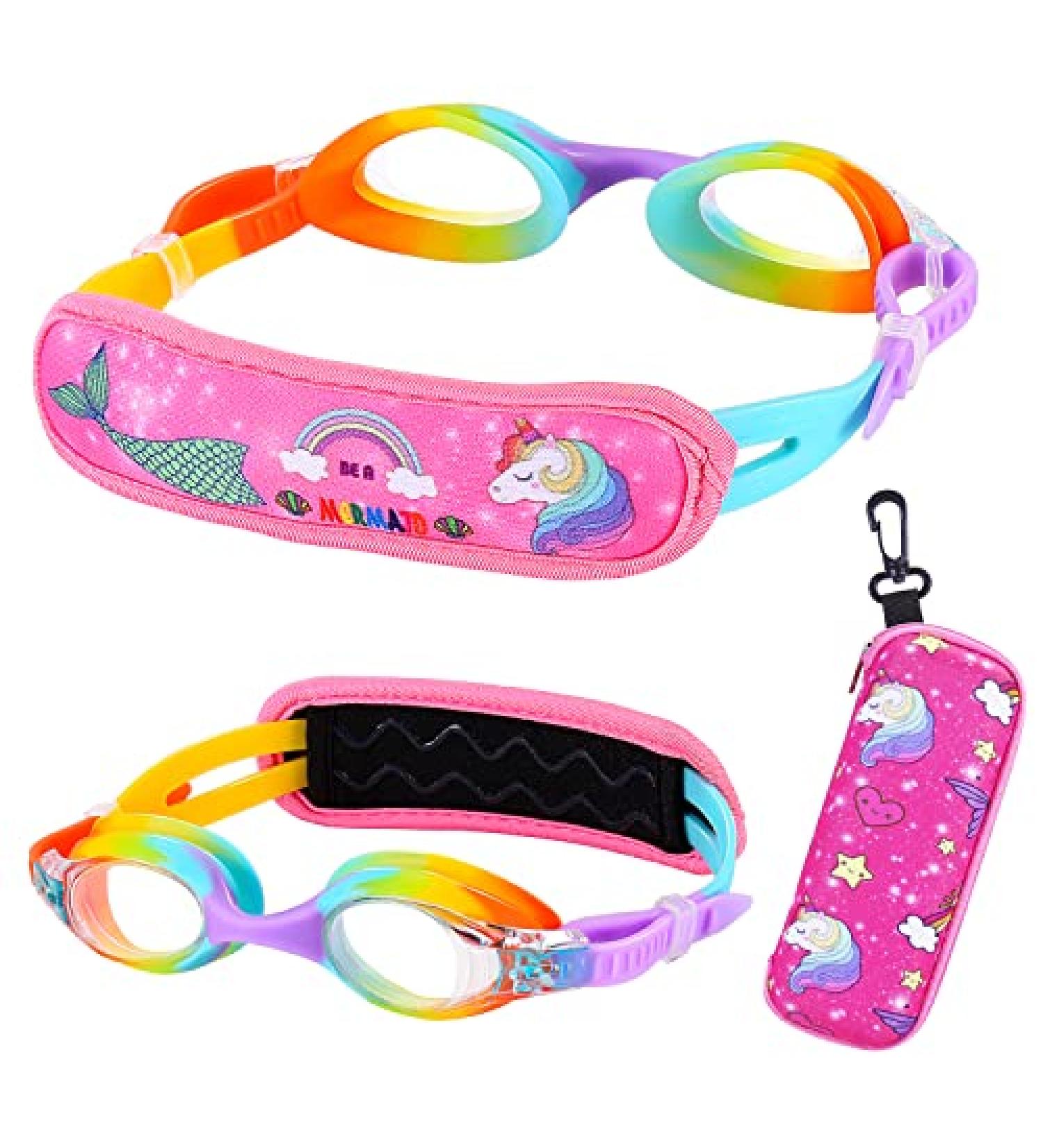 RUIGAO Kids Swim Goggles 3-14 | No Hair Pull | Fabric & Bunge Strap | Rainbow Design - Buy Online on GoSupps.com