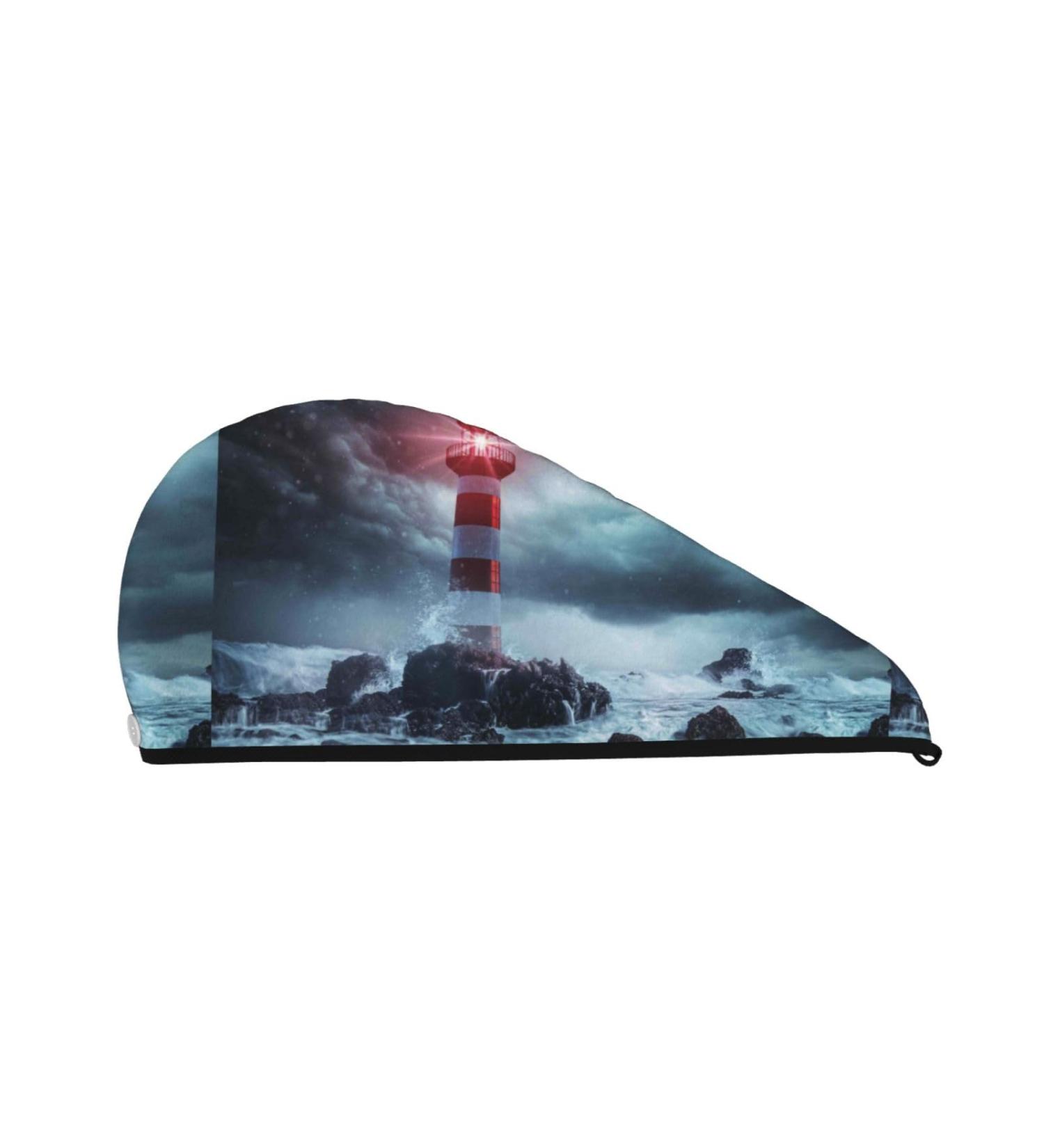 Quick-Dry Hair Towel Wrap with Button - Lighthouse in A Stormy Sea Design | Ultimate Hair Drying Turban - Buy Online on GoSupps.com