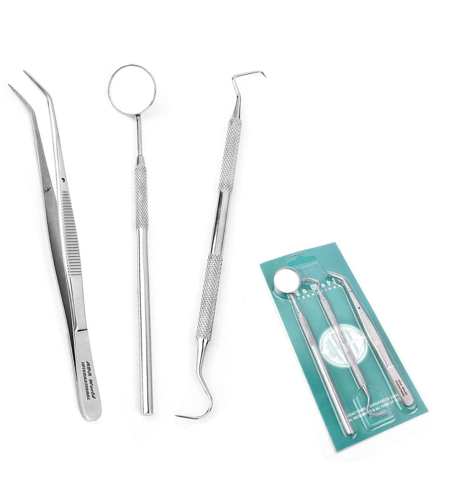 Stainless Steel Dental Plaque Remover Kit - 3 Pcs Dental Cleaning Set with Dentist Mirror for Men, Women, Kids - Home Use - Buy Online on GoSupps.com