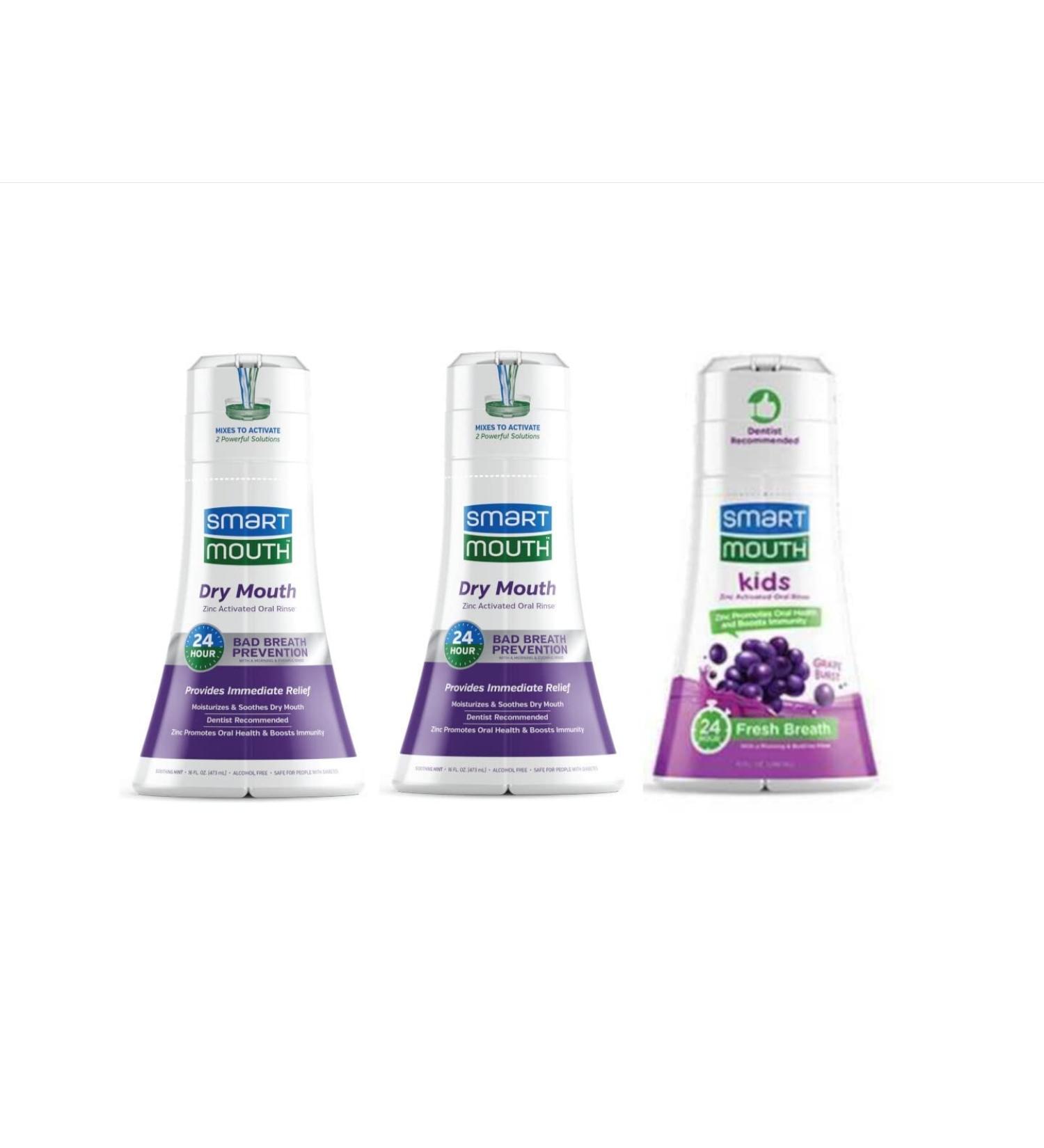 SmartMouth Zinc Activated Mouthwash Bundle - Soothing Mint & Kids Grape Burst - 2 Pack - 16 Fl Oz & 10 Fl Oz - Buy Online on GoSupps.com