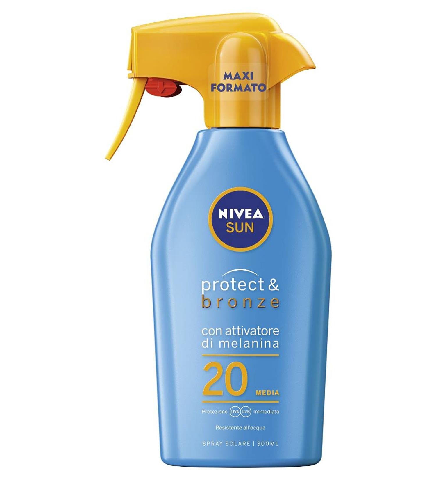 NIVEA Sun Maxi Sonnenpray Protect & Bronze FP20 - 300ml Browning Sunscreen Spray for an Even Tan & Moisturizing Protection - Buy Online on GoSupps.com