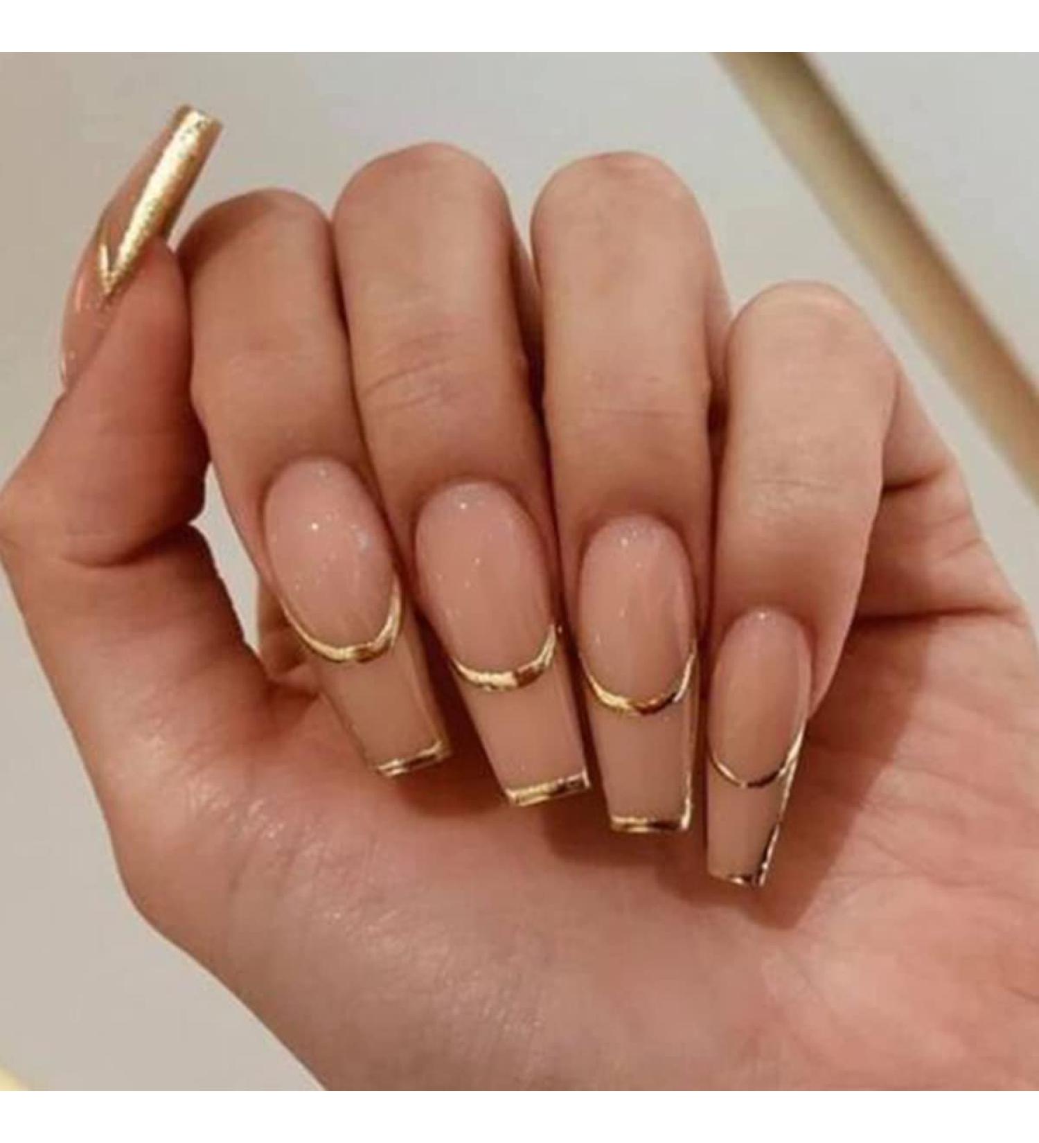 Gold Foil Stripes Coffin Fake Nails - 24pcs Long French False Nails for Manicure Decoration - Buy Online on GoSupps.com