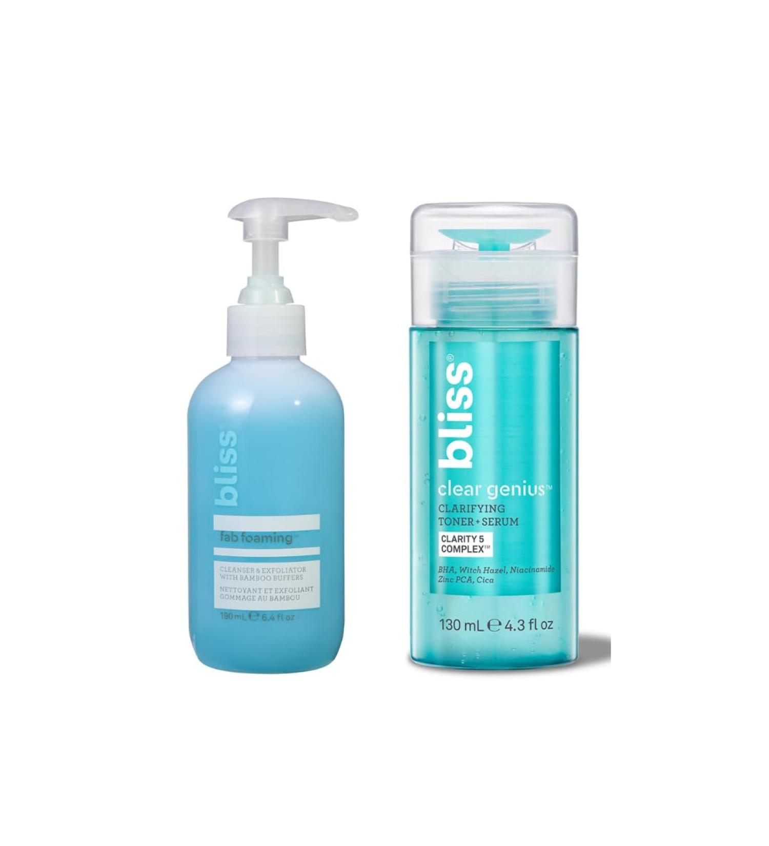 Bliss Fab Foaming Cleanser & Clear Genius Toner + Serum | Pore Purifying Duo for Clear Skin | 2 Step Skincare Routine | Clean Vegan Cruelty-Free - Buy Online on GoSupps.com