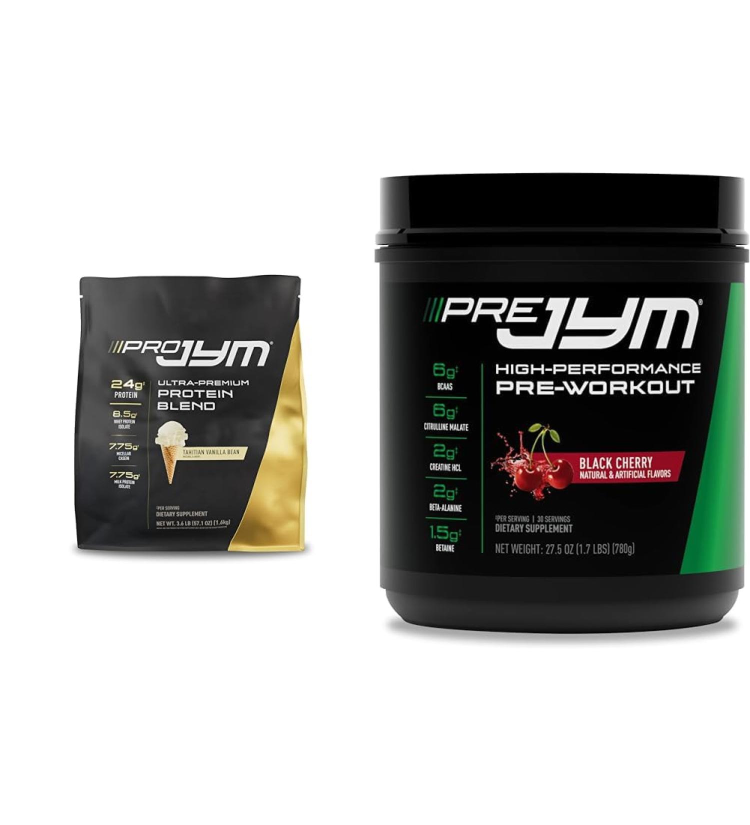 PRO JYM 45 Servings - Tahitian Vanilla Bean & PRE JYM 30 Servings - Black Cherry - Buy Online on GoSupps.com