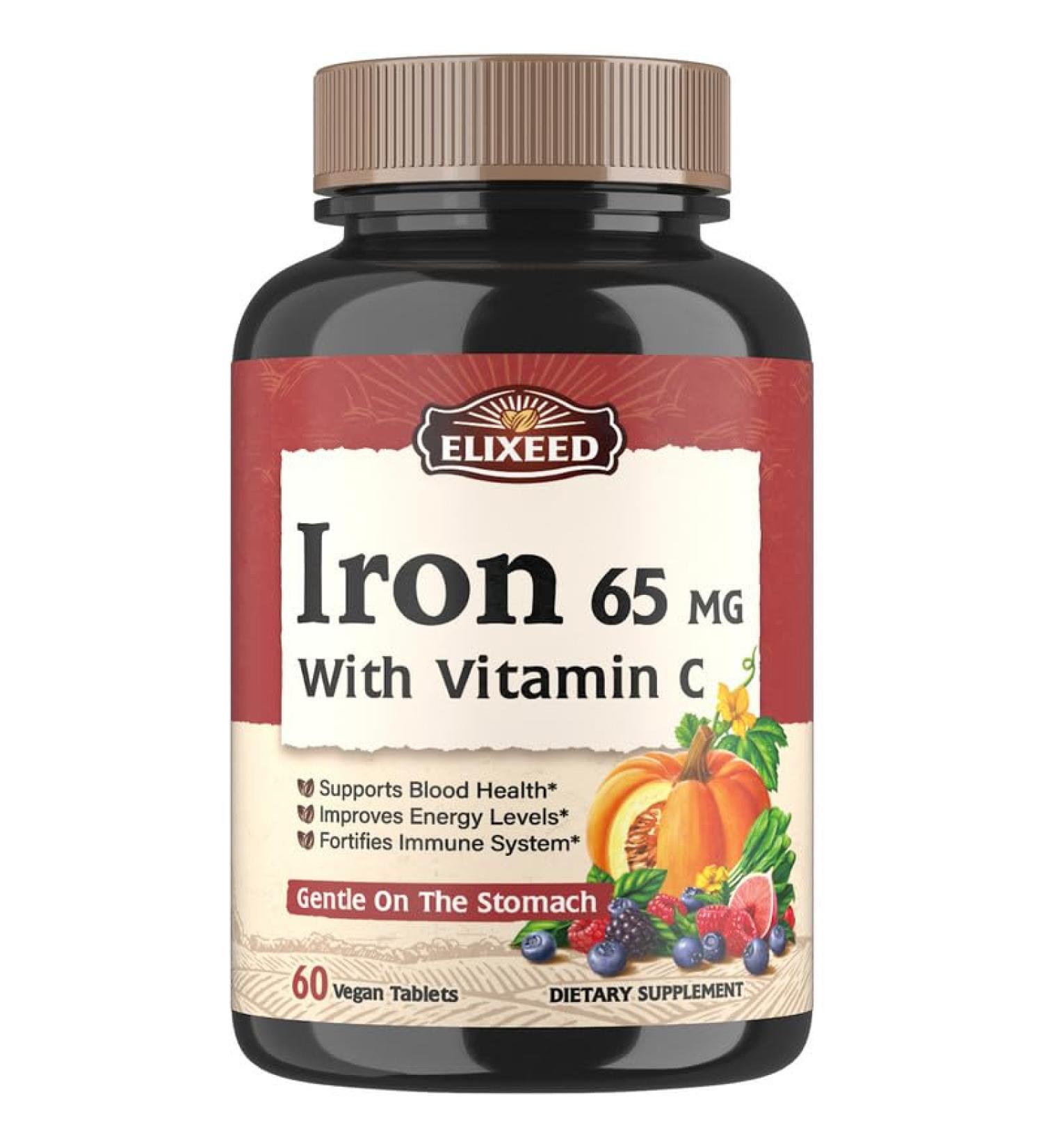 Elixeed Iron Tablets 65mg for Women & Men - Gentle & Well-Absorbed Blood Health Support - Vegan-Friendly - 60 Tablets - Buy Online on GoSupps.com