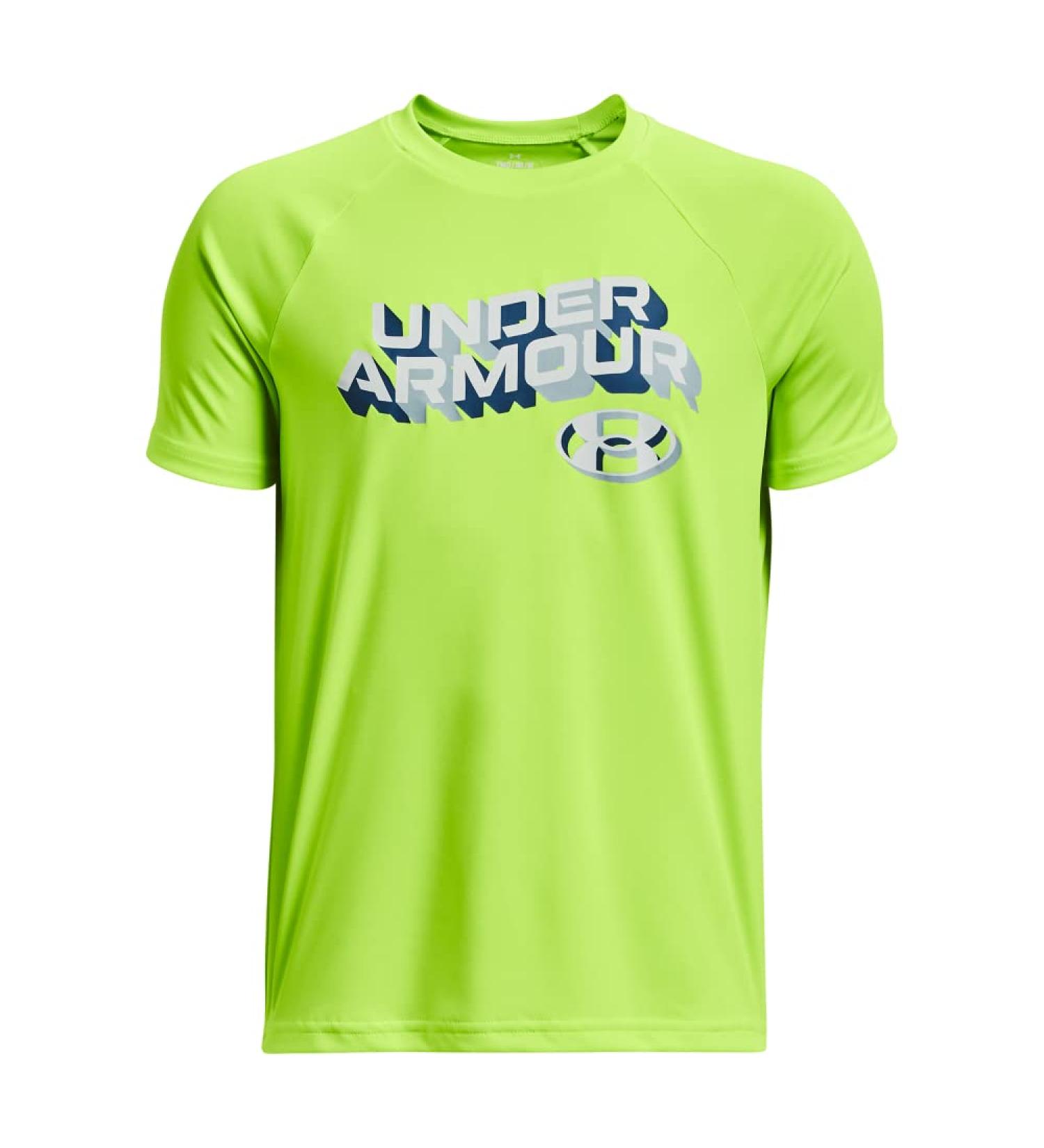 Under Armour Boys' Tech Wordmark Short Sleeve T-Shirt (369) Lime Surge / / Gray Mist Medium