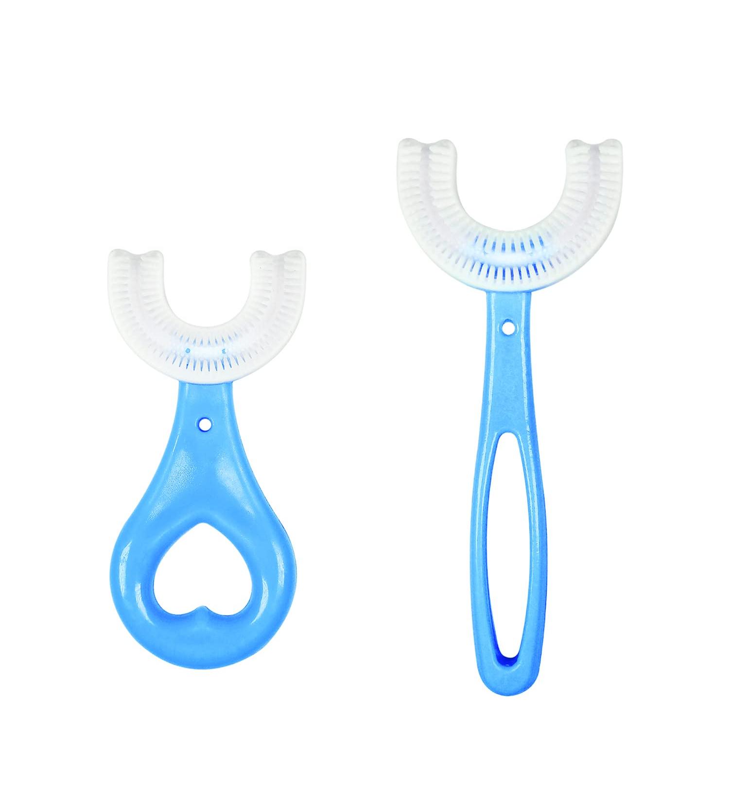 Qinerle 2 Pack U-Shaped Kids Toothbrush, Food Grade Silicone, 360 Cleaning Design - Blue - Buy Online on GoSupps.com