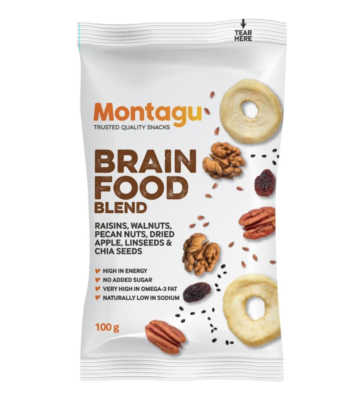 Montagu 10x Brain Food Trail Mix with Raisins Walnuts Pecans Apple Flax and Chia Seeds High in Omega-3 and Fiber Cholesterol-Free Low Sodium 100g Per Pack - Buy Online on GoSupps.com