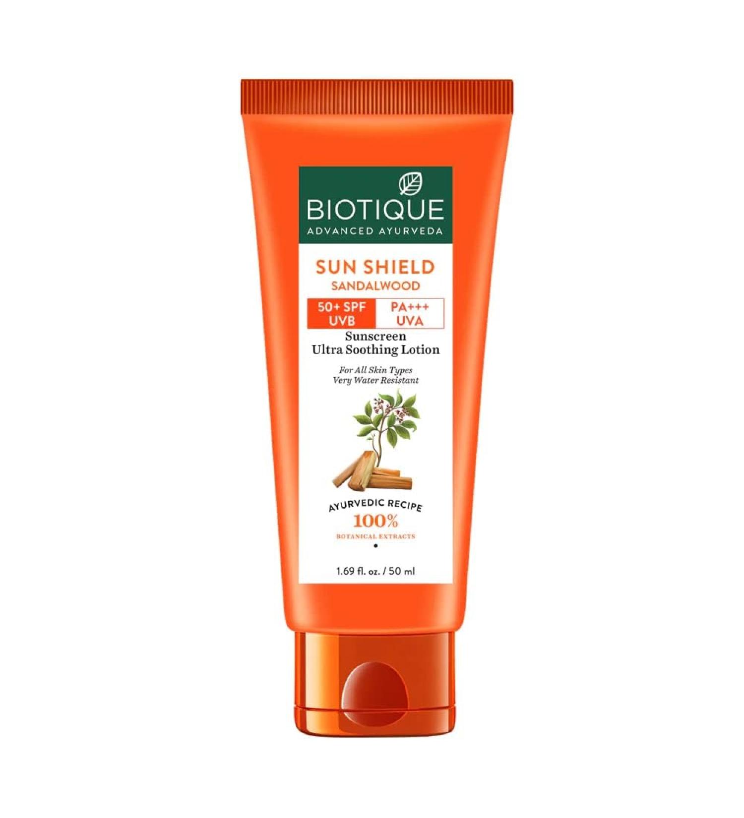 Bio'tique Sandalwood Sunscreen Ultra Soothing Face Lotion SPF 50+ |Ultra Protective Lotion| Keeps Skin Soft Fair and Moisturized| Water Resistant| For All Skin Types| 1.69 Fl Oz