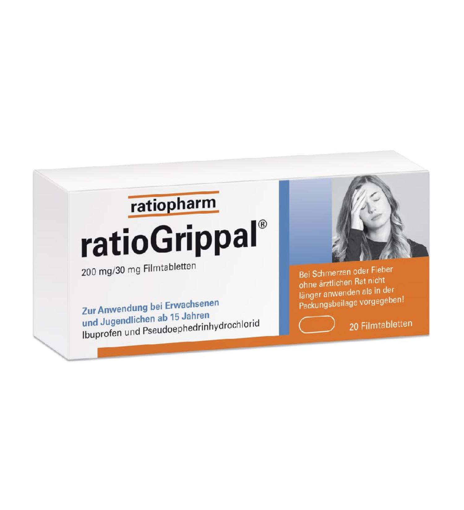 Ratiogrippal 200 mg/30 mg Tablets - Fast Relief for Runny Nose Pain & Fever | 20 Film-Coated Tablets for Multi-Talent Care - Shop Now! - Buy Online on GoSupps.com