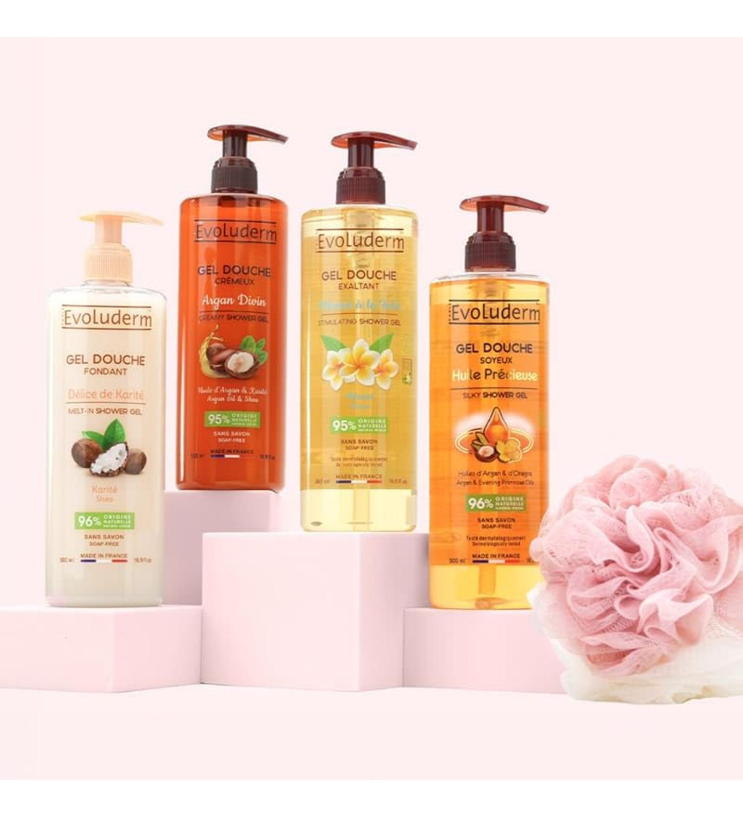  Evoluderm EVOLUDERM - Offer: 4 Shower Gels 500ml + Free Exfoliating Glove - Monoi Shower Gel - Argan - Shea Butter - Precious Oil - Natural Ingredients - Made in France - Buy Online on GoSupps.com