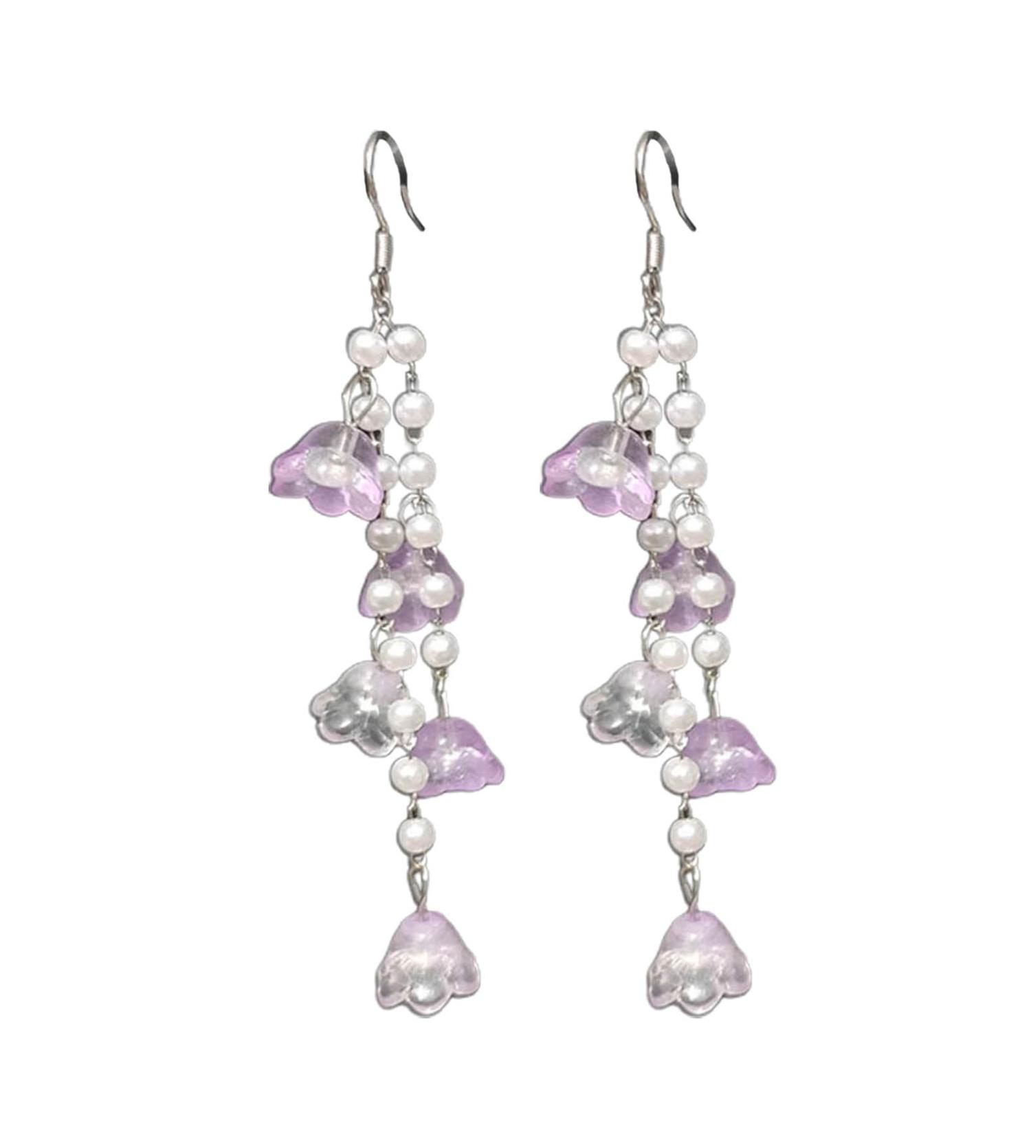 Feyley Earrings | Elegant Flower Shape Pearl Drop Earrings for Women | Stylish Purple Green White Jewelry - Buy Online on GoSupps.com