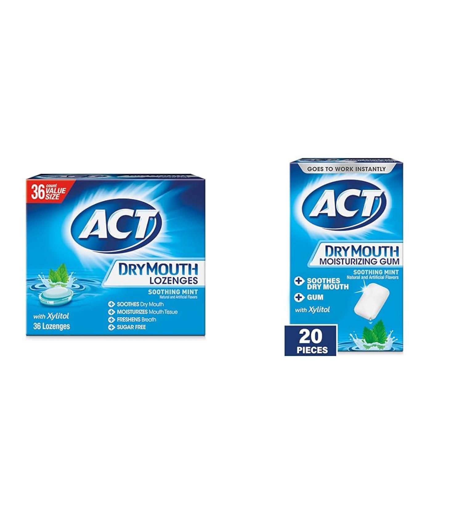 ACT Dry Mouth Lozenges with Xylitol Soothing Mint 36 Lozenges & Dry Mouth Moisturizing Gum 20 Pieces With Xylitol Sugar Free Soothing Mint - Buy Online on GoSupps.com