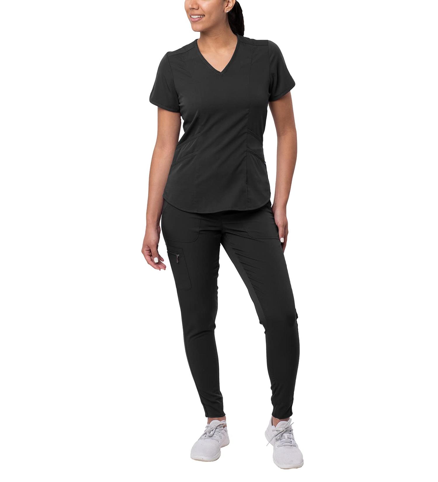 Adar Pro Modern Athletic Scrub Set for Women - V-Neck Top & Yoga Jogger Pants, Black, Size Medium - Buy Online on GoSupps.com
