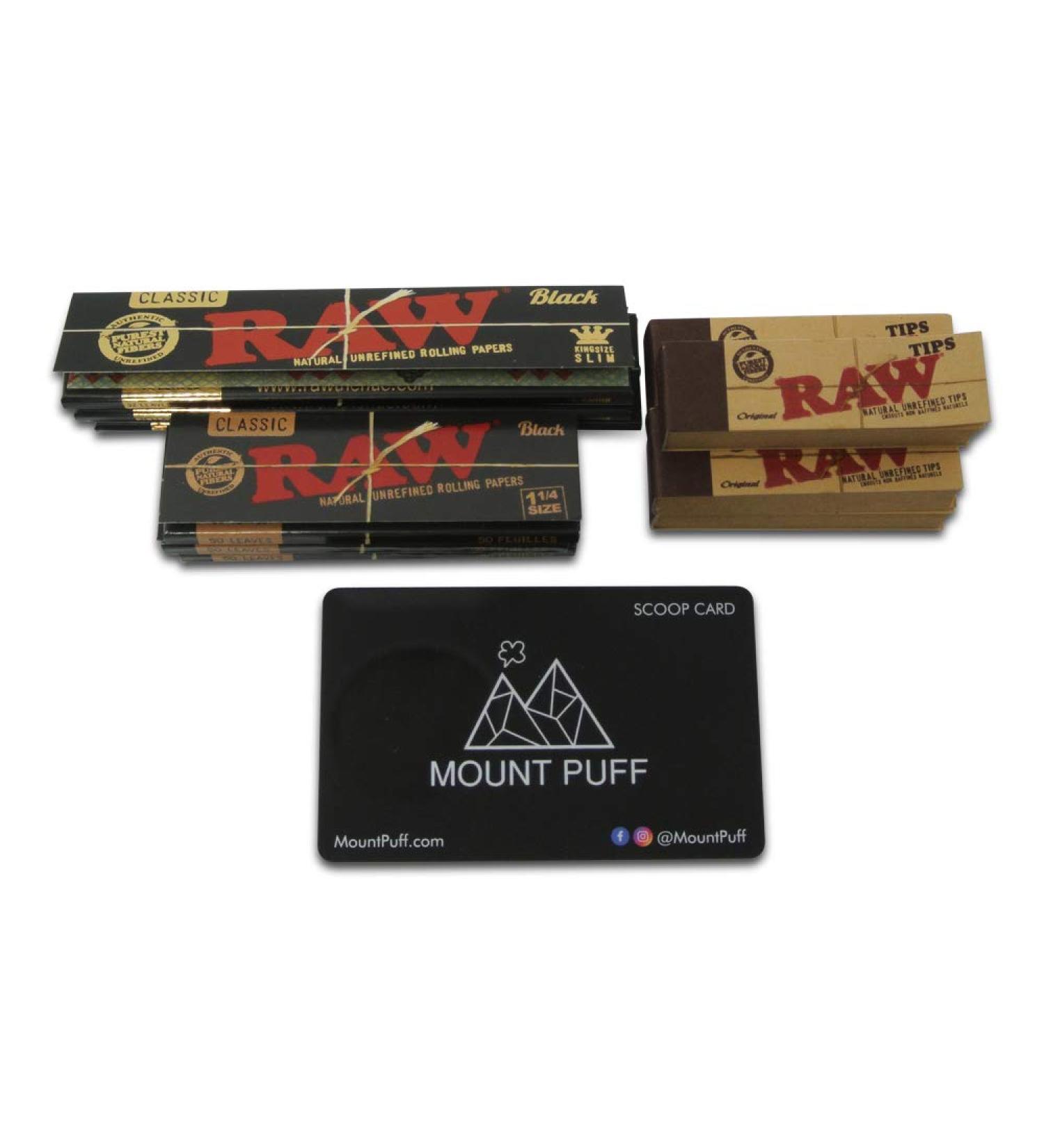 Mount Puff Raw Classic Black Rolling Papers Bundle 11 Items | Raw Classic Black King Size Rolling Papers Raw Classic Black 1 1/4 Size Rolling Papers | 5 x Raw Natural Unrefined Rolling Tips | With Bonus Mount Puff Premium PVC Scoop Card - Buy Online on GoSupps.com