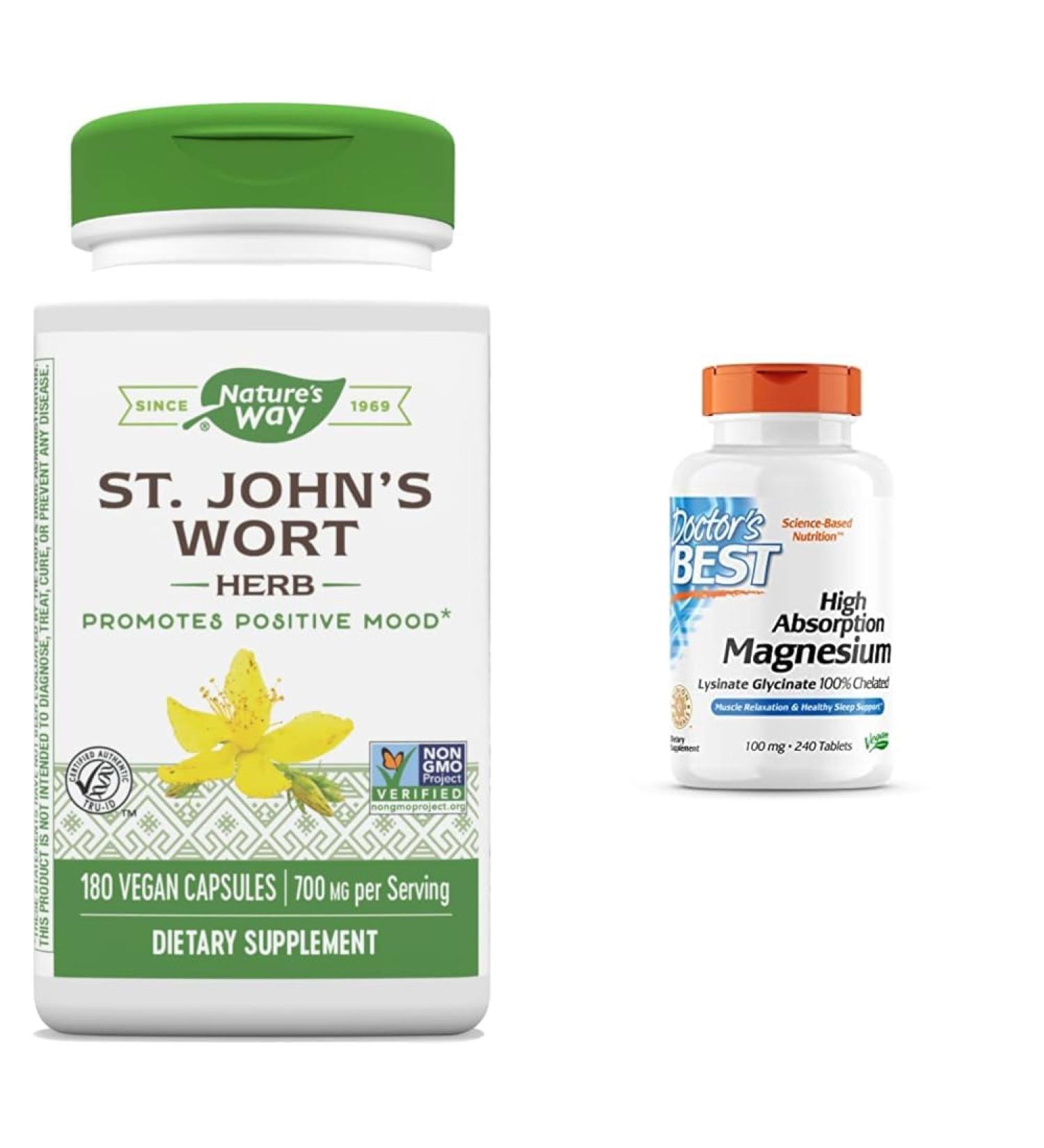 Nature's Way Premium St. John s Wort Herb Promotes A Positive Outlook* 700 mg per Serving & Doctor's Best High Absorption Magnesium Glycinate Lysinate 100% Chelated Non-GMO Vegan Gluten - Buy Online on GoSupps.com