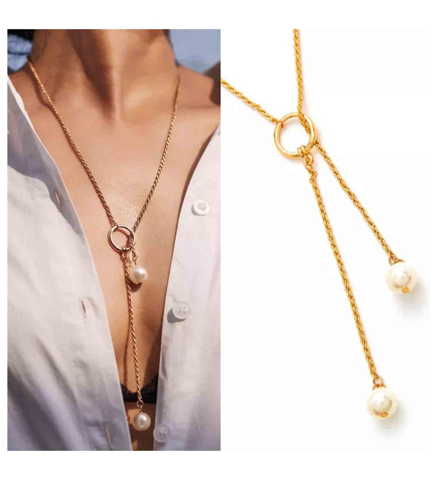 Boho Pearl Lariat Necklace | Gold Chunky Chain Y Necklace | Elegant Pearl Tassel Jewelry for Women & Girls - Perfect for Prom & Bridal - Buy Online on GoSupps.com