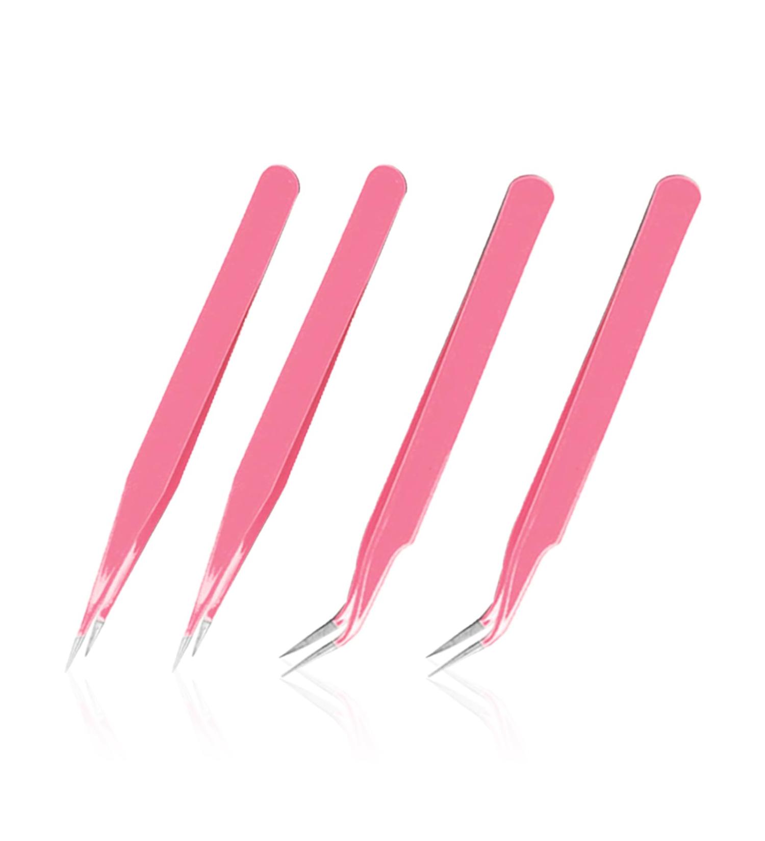 Xnivuis Eyelash Pliers Set - 4 Precision Tweezers for Eyelash Extensions & Electronics Repair (Straight & Curved Tips - Pink) - Buy Online on GoSupps.com