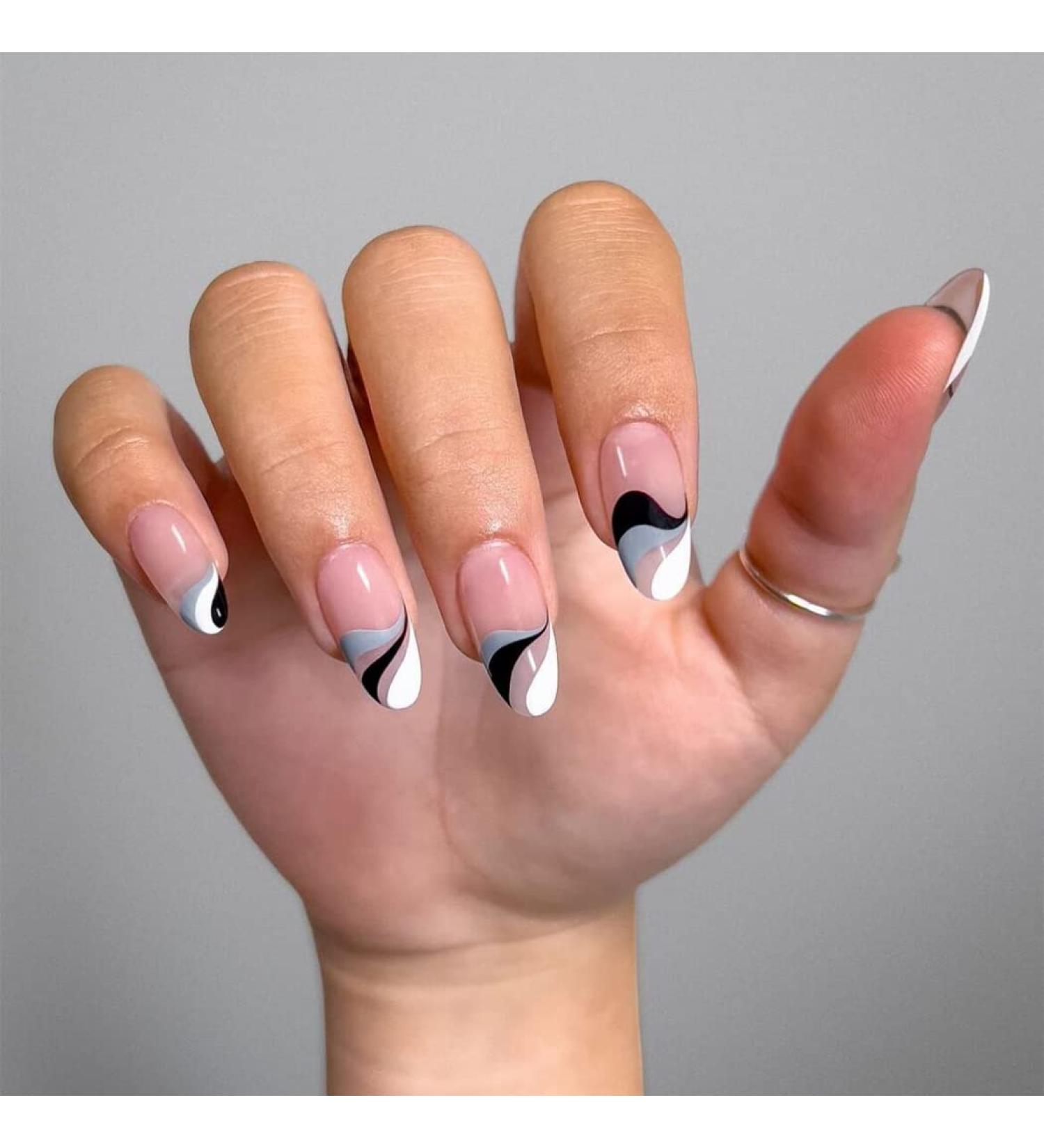 Sethexy Abstract Stiletto False Nails - Nude Pink with Snake Line Design | 24pc Acrylic Press-On Nails for Women & Girls - Buy Online on GoSupps.com