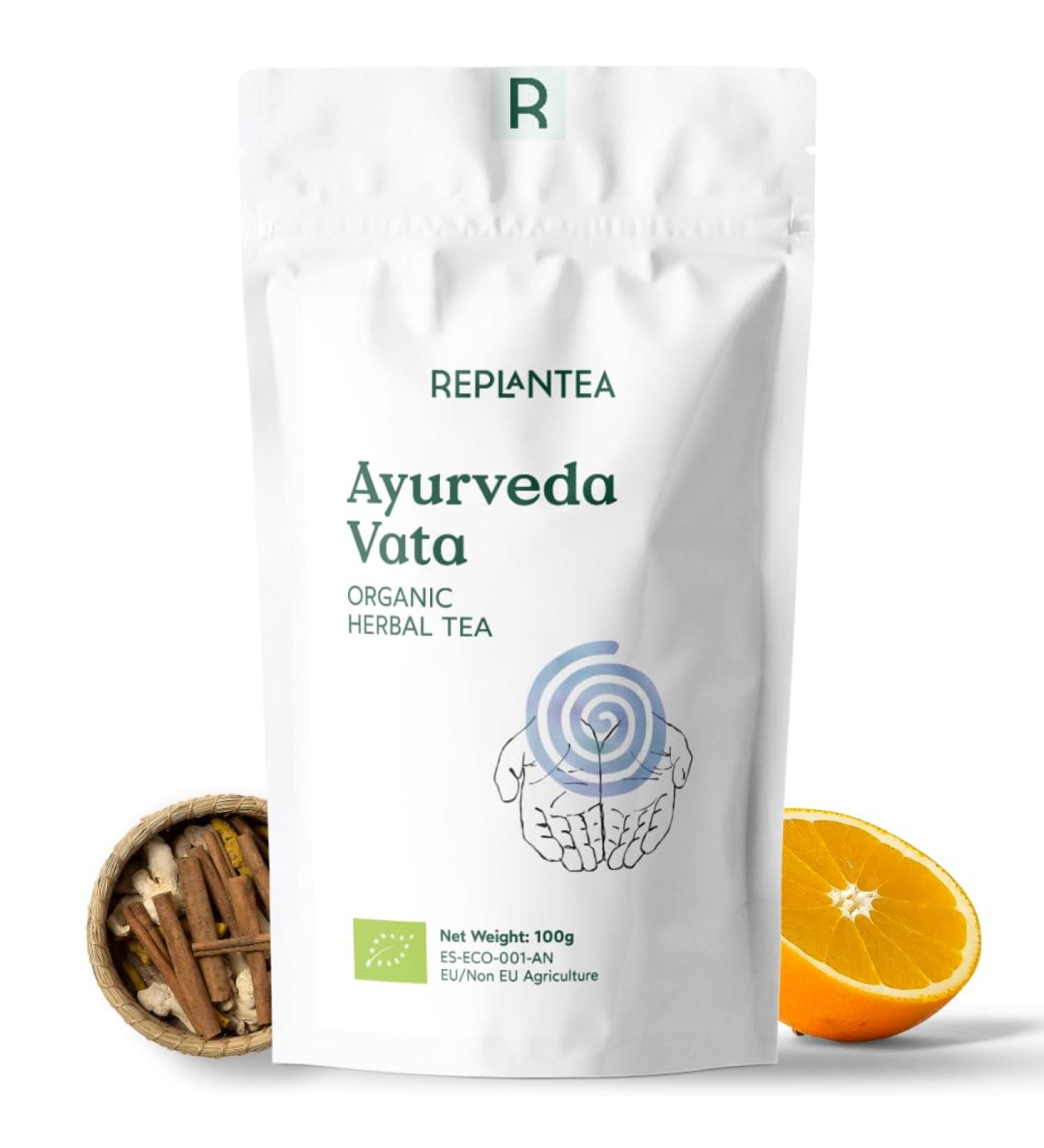 Ayurveda Tea Vata Organic 100g (50 Cups) | Herbal Loose Leaf Tea with Liquorice Ginger Cinnamom Fenugreek Cardamom Orange REPLANTEA - Buy Online on GoSupps.com