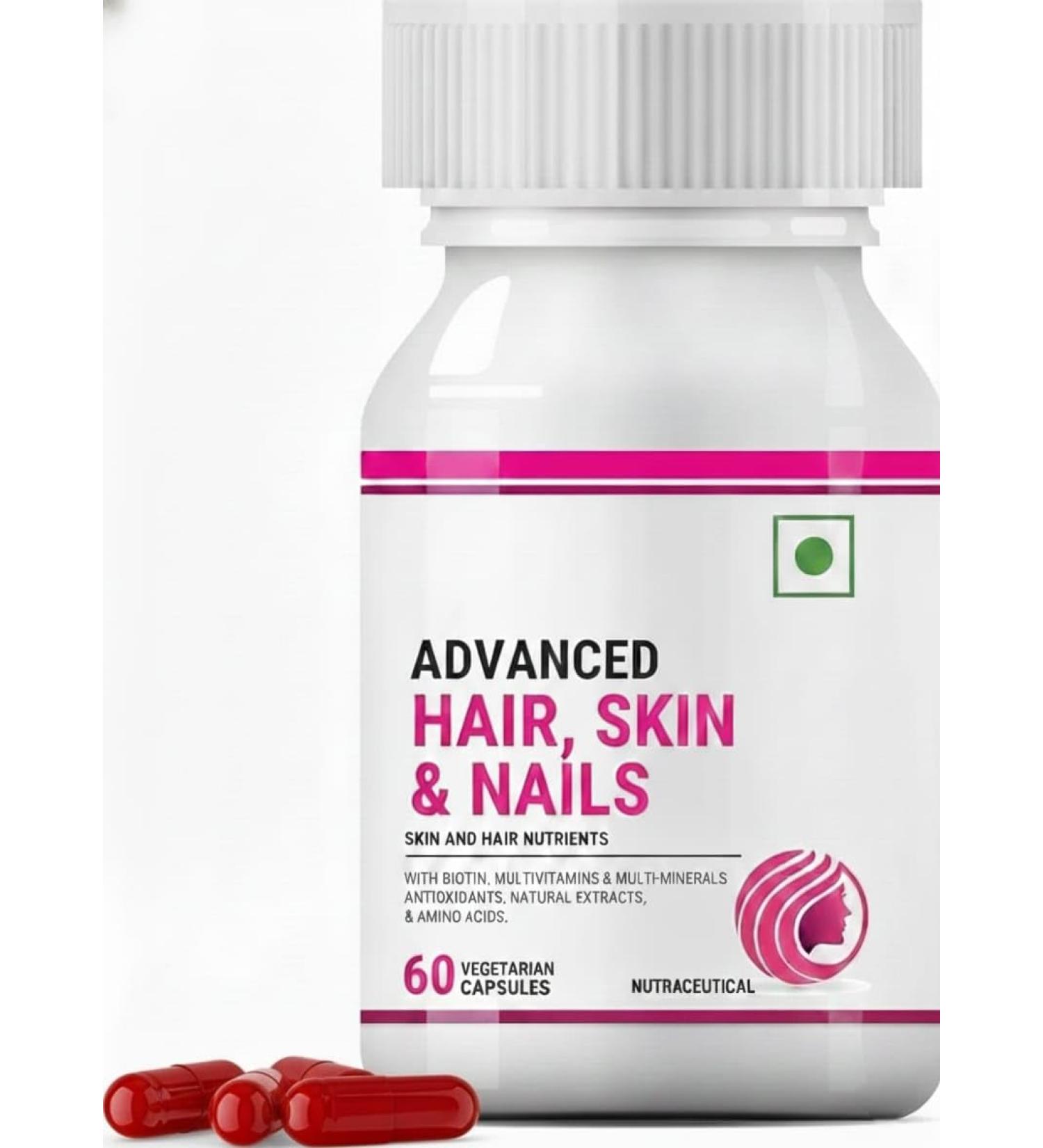 Biotin Advanced Hair Skin & Nails Supplement with Multivitamin Minerals Amino Acids for Hair Care - 60 Vegetarian Capsules - Buy Online on GoSupps.com