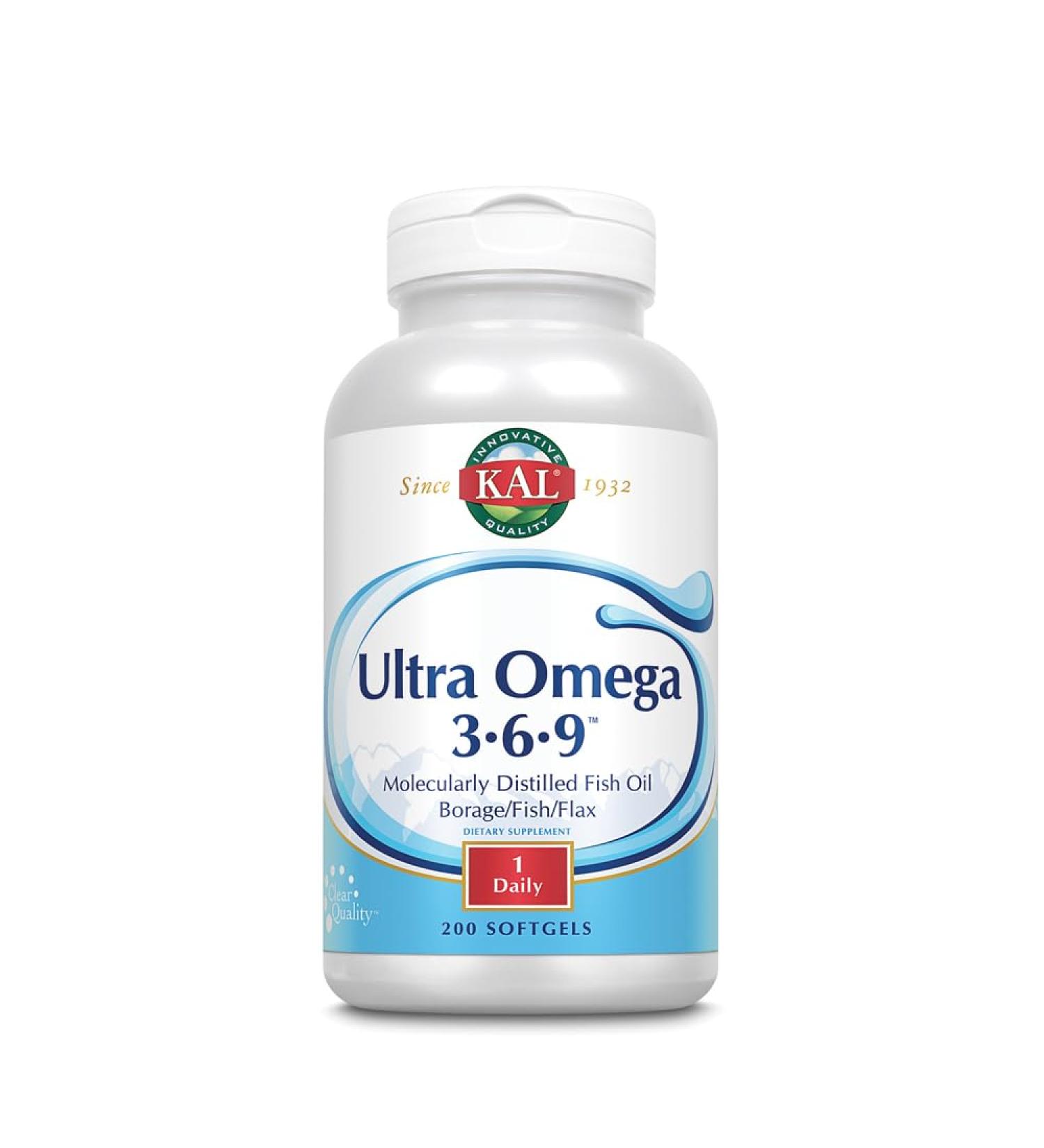 KAL Ultra Omega 3-6-9 1200mg | Fish Oil w/Cold Pressed Flaxseed & Borage Oil | Skin Hair Heart Memory | 200 Softgels 200 Count (Pack of 1) - Buy Online on GoSupps.com