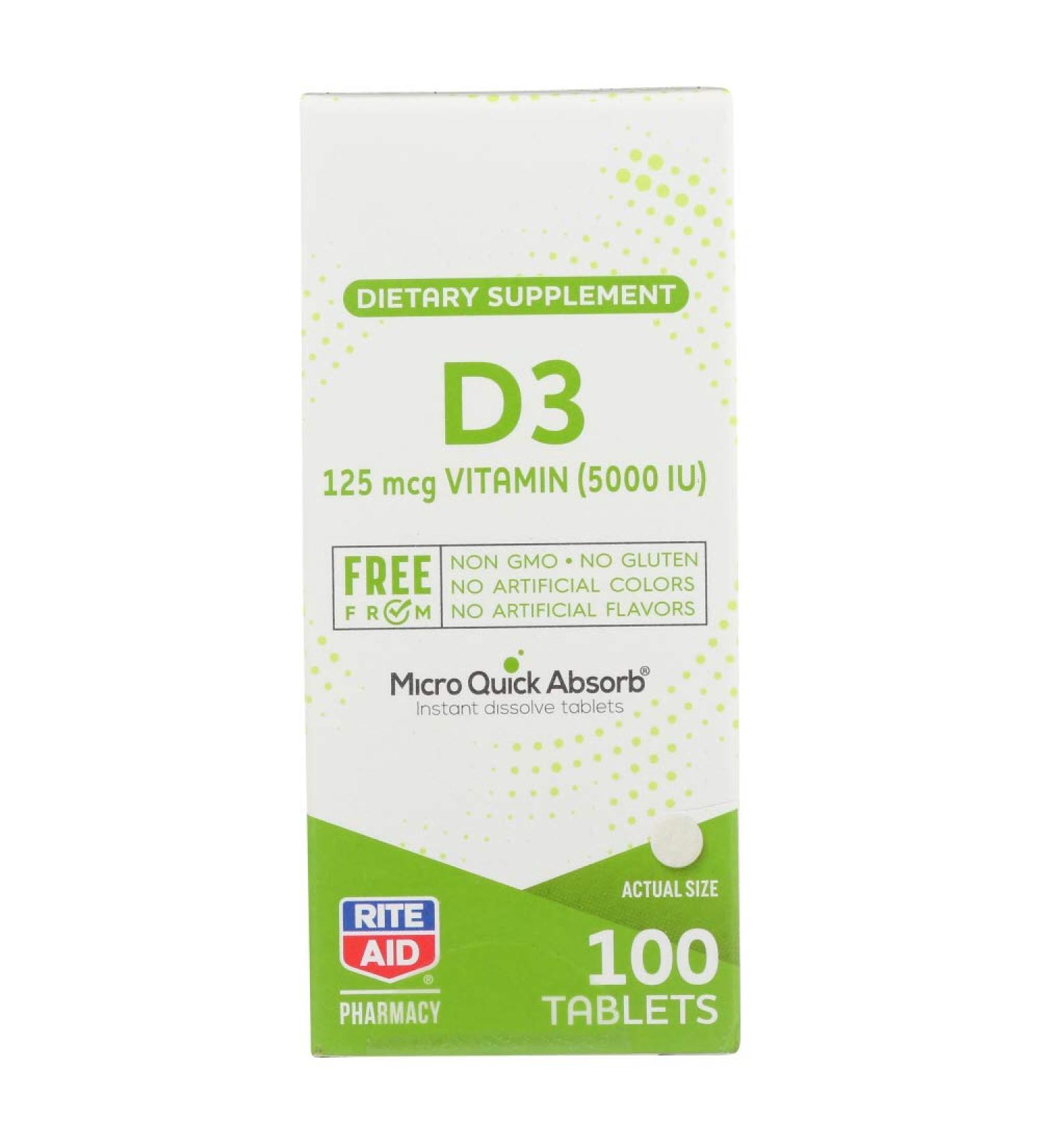 Rite Aid Vitamin D3 125mcg Fast Dissolving Tablets - 100 Sublingual Tablets | Immune Support | Vitamin D Supplement | No GMO No Gluten No Artificial Colors or Flavors - Buy Online on GoSupps.com