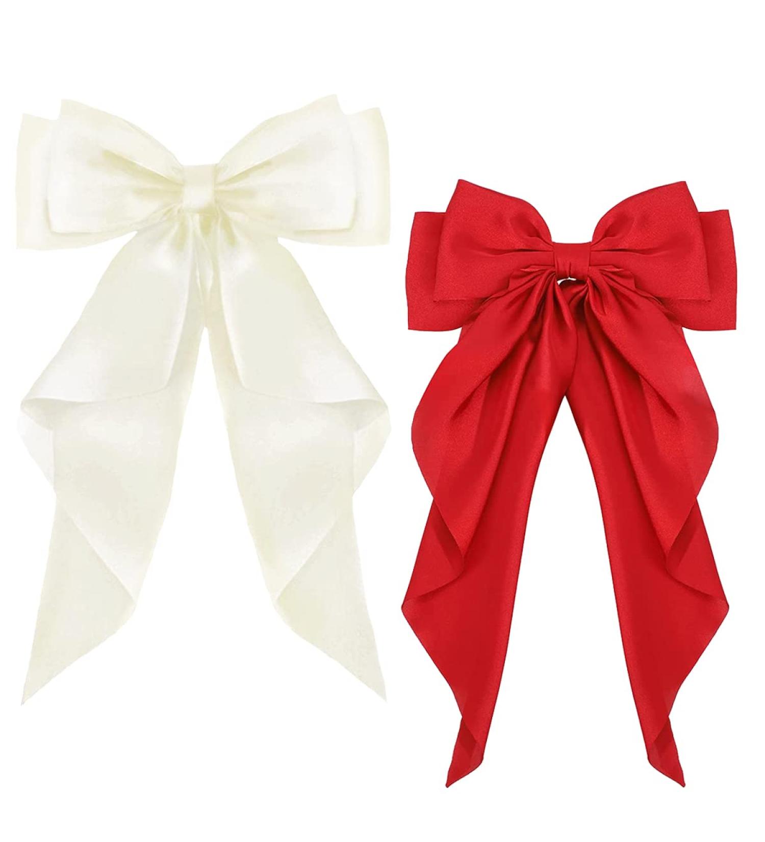 ZEVONDA Pack of 2 Big Bow Hair Clips - Solid Color Large Bowknot Hairpin Hair Clip with Long Silky Satin Tail Hair Barrettes Accessories for Girls Women Milky White + Red Milky White + Red (2PCS) - Buy Online on GoSupps.com