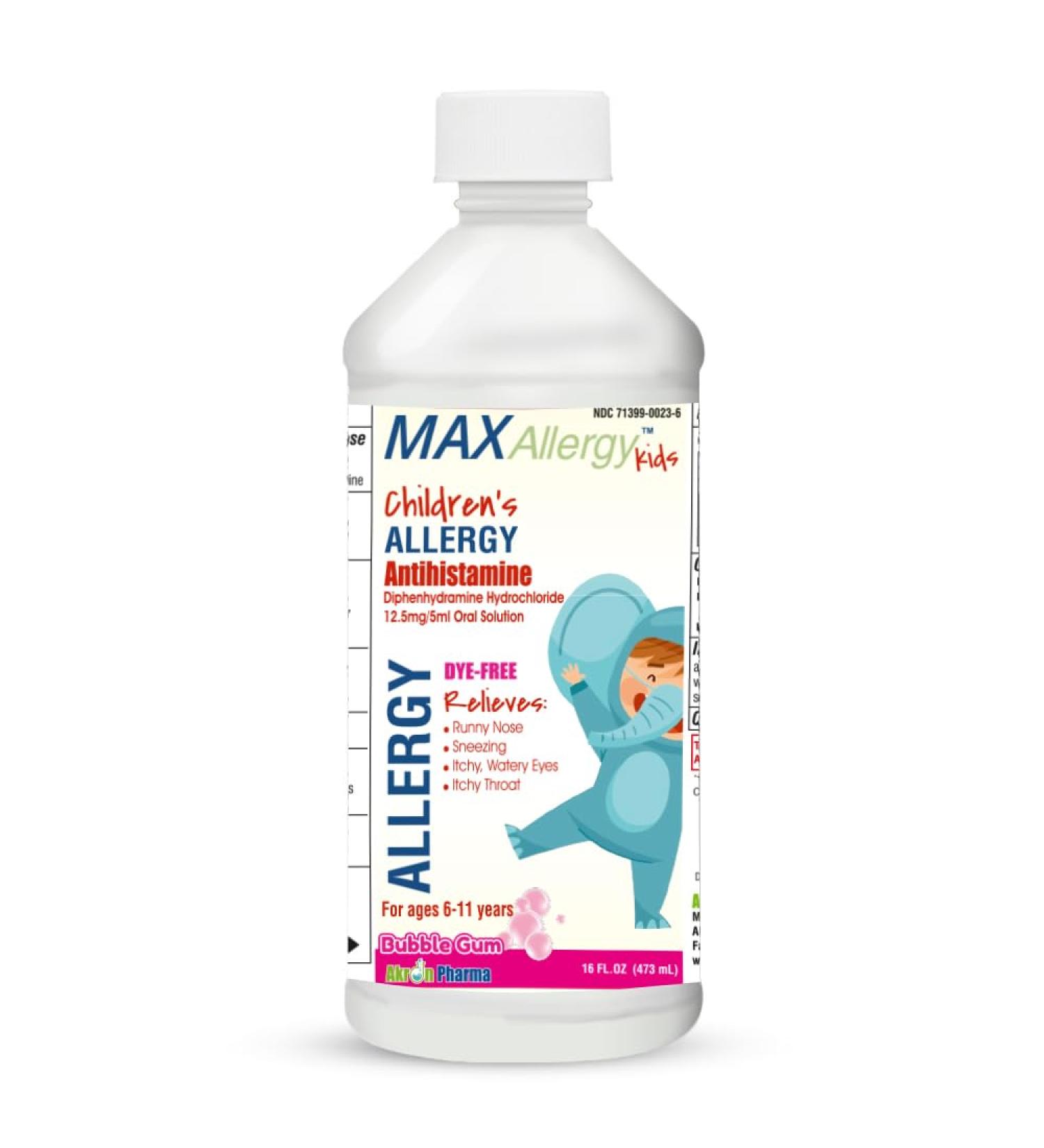 MAX Allergy Kids Antihistamine | Diphenhydramine HCl 12.5mg/5mL Liquid | Bubble Gum Flavor Dye-Free for Children Ages 6-11 16 fl oz - Buy Online on GoSupps.com